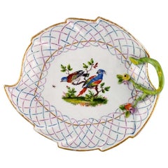 Antique Hand Painted Meissen Leaf-Shaped Dish with Bird Motif, Mid-19th Century