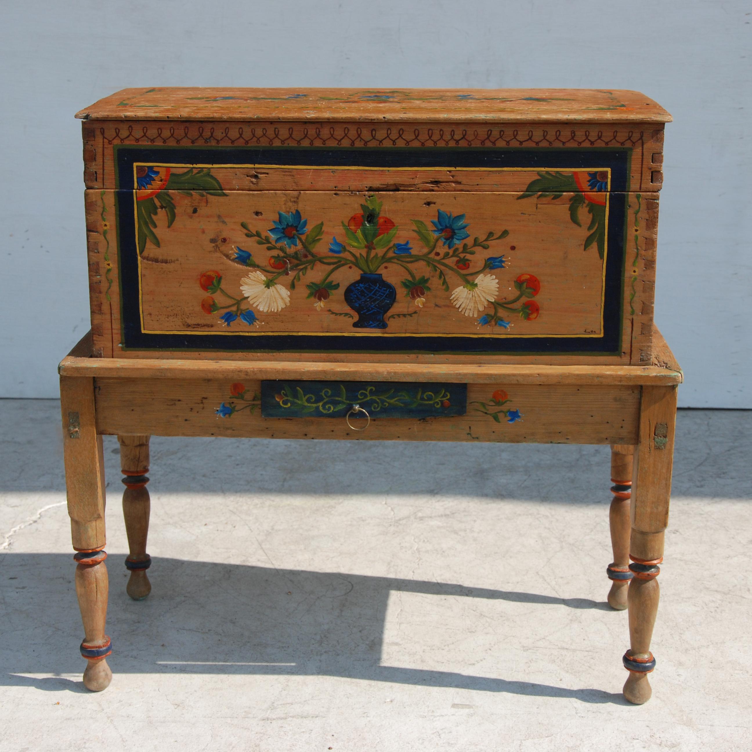 Rustic Antique, Hand Painted Mexican Wedding or Hope Chest on Stand