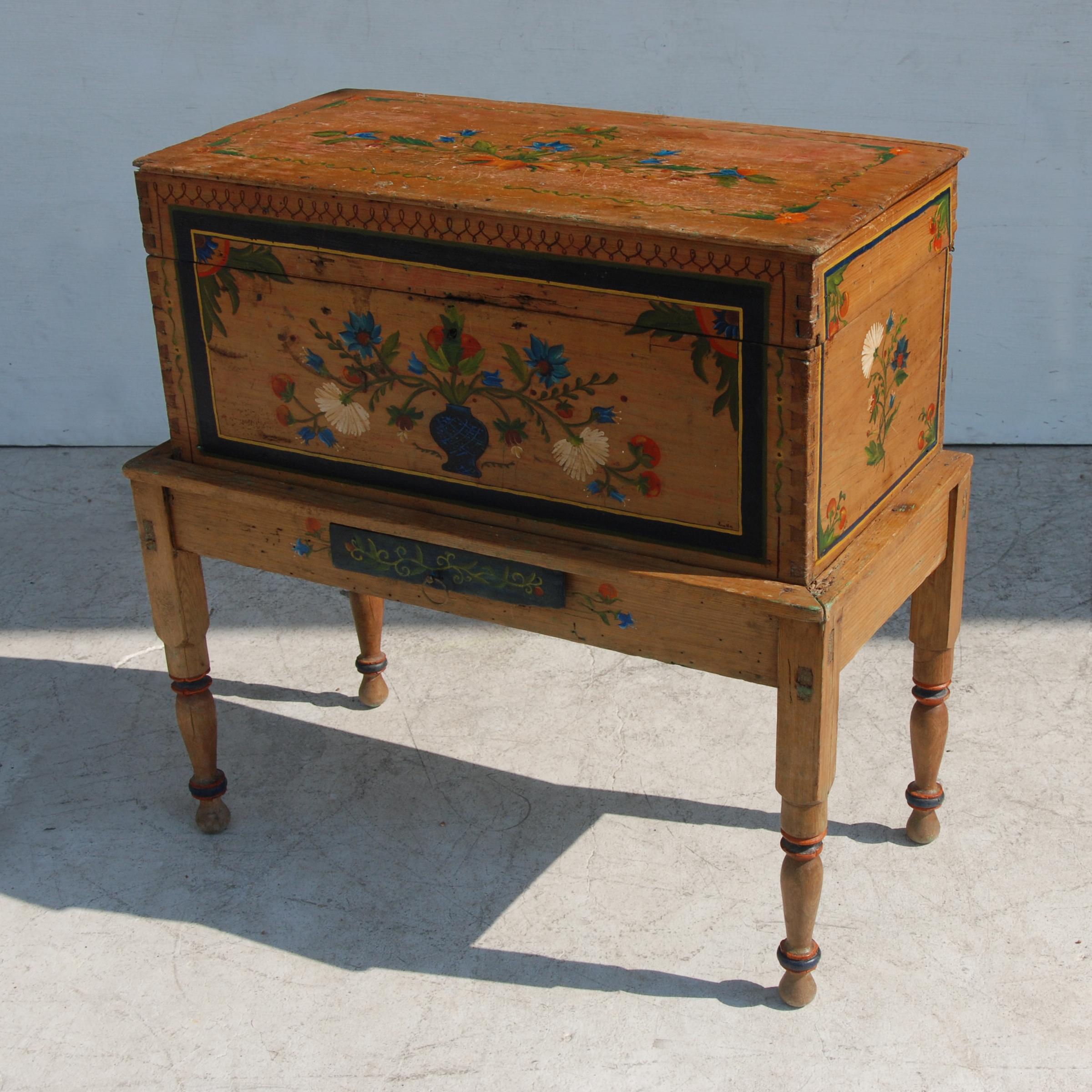Hand-Painted Antique, Hand Painted Mexican Wedding or Hope Chest on Stand