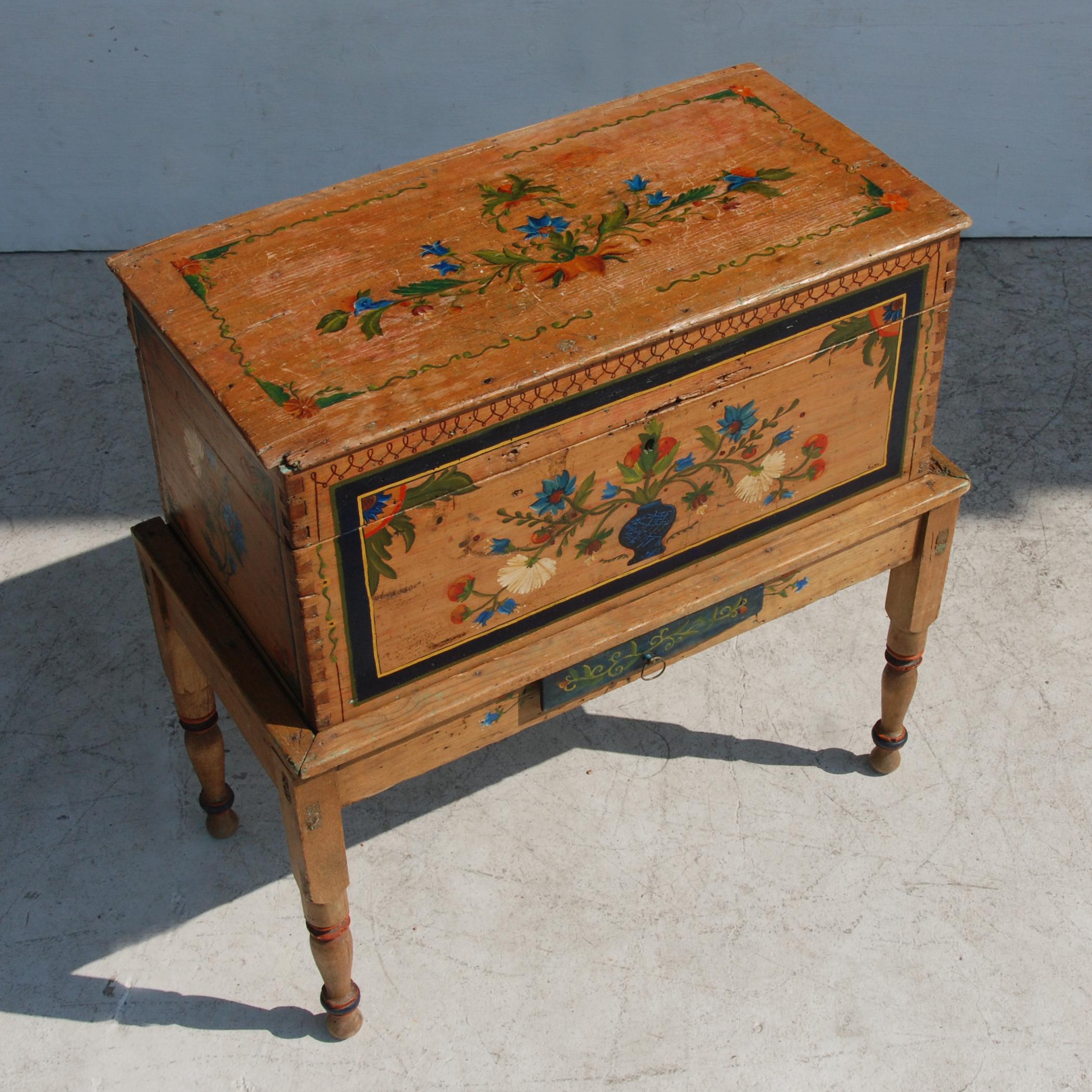 20th Century Antique, Hand Painted Mexican Wedding or Hope Chest on Stand