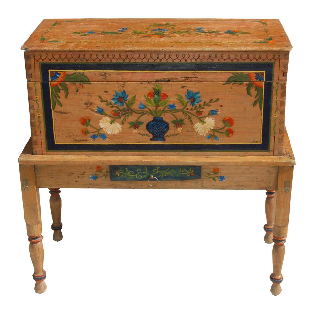 Antique, Hand Painted Mexican Wedding or Hope Chest on Stand