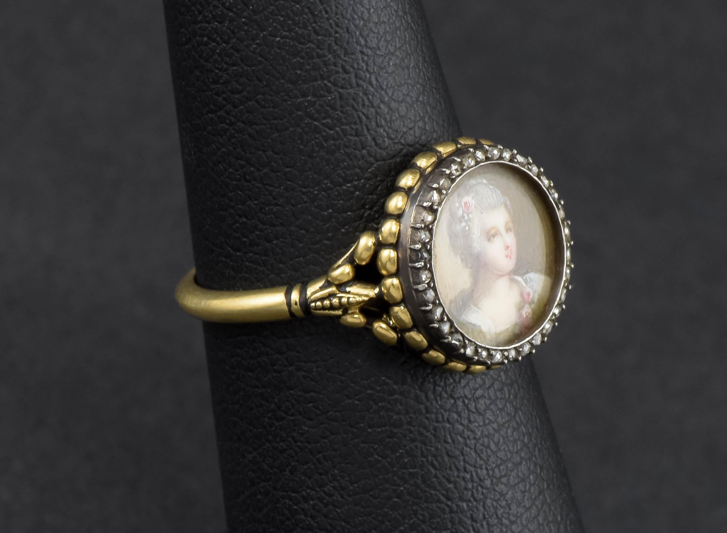 Antiker handgemalter Miniatur-Porträt-Diamant-Umwandlungsring (Rosenschliff) im Angebot