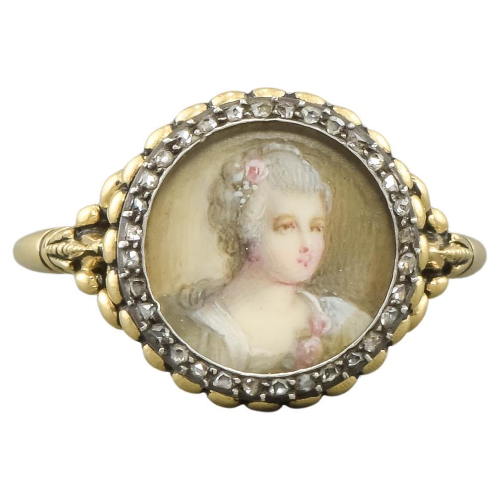 Antique Hand Painted Miniature Portrait Diamond Conversion Ring For Sale