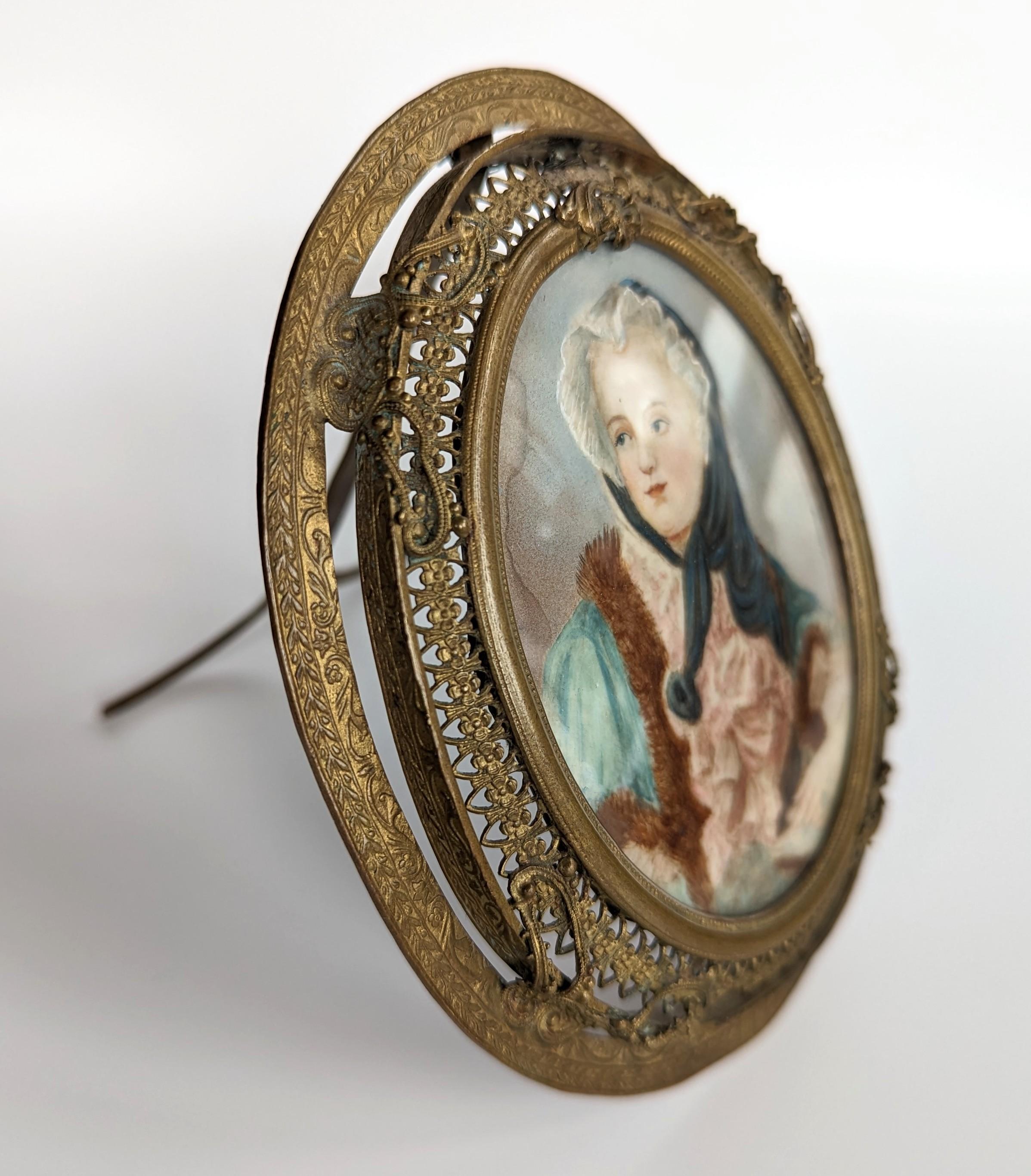 Georgian Antique Hand Painted Miniature Portrait Filigree Brass Easel Frame Art Painting For Sale