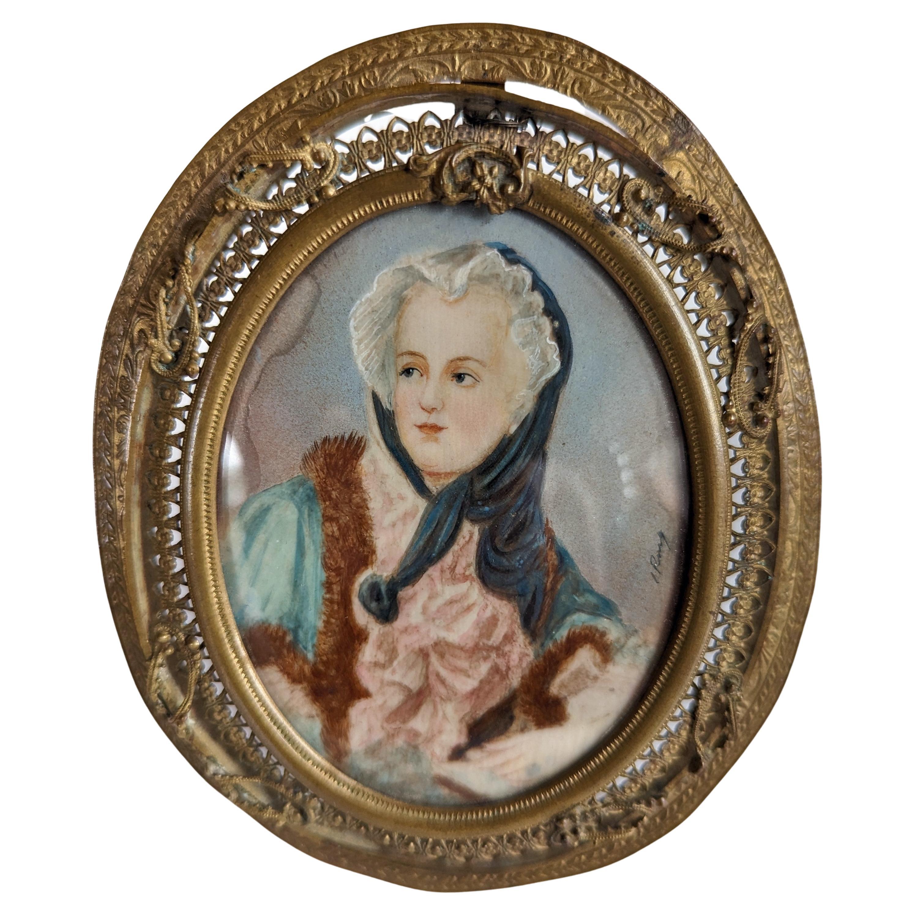 Antikes handbemaltes Miniatur-Porträtgemälde mit filigranem Messing-Staffelei-Rahmen im Angebot