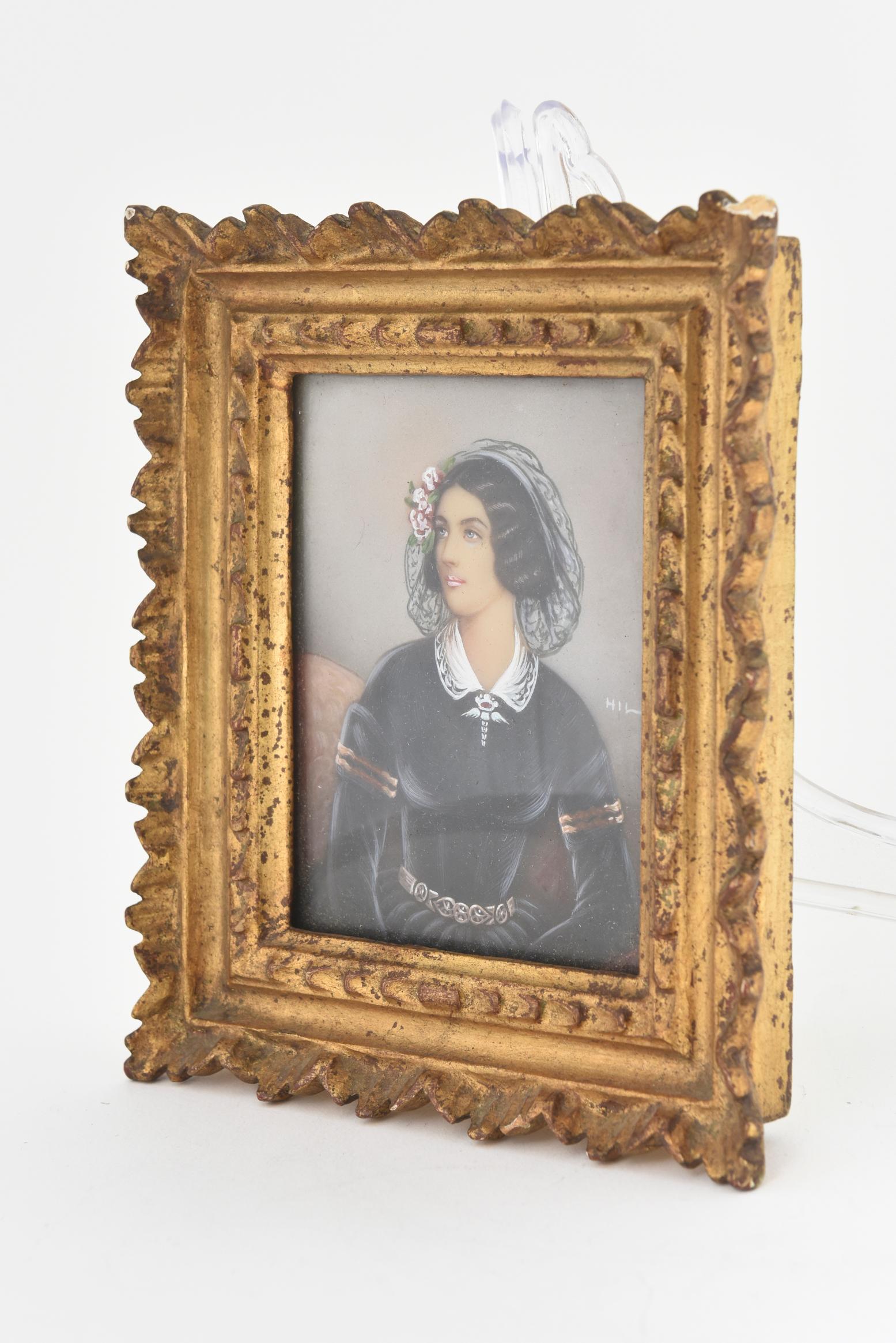 Distinguished lady with ringlets (Lola Montez) - square portrait miniature, circa 1900-1920 