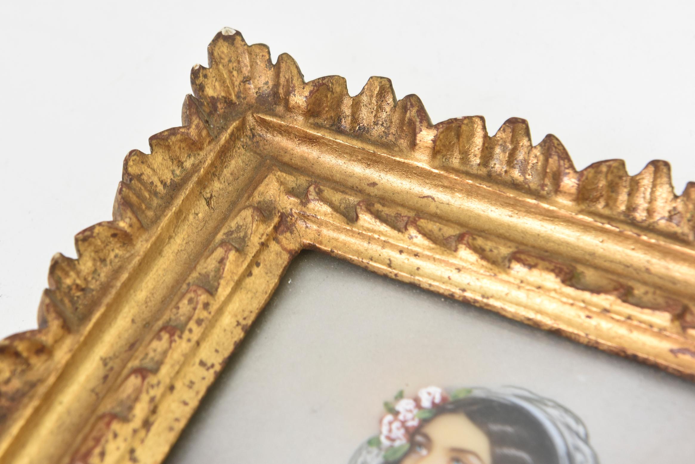 Antique Hand Painted Miniature Portrait of Lola Montez, Lady with Ringlets In Fair Condition In Miami Beach, FL