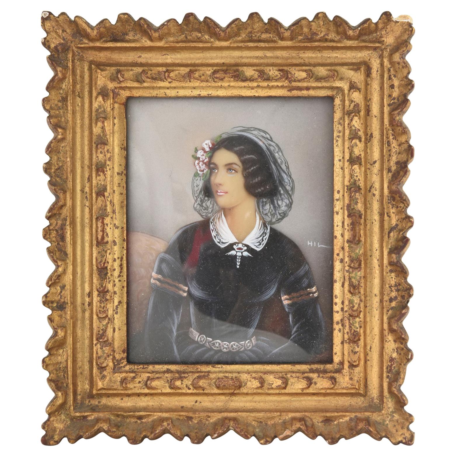 Antique Hand Painted Miniature Portrait of Lola Montez, Lady with Ringlets