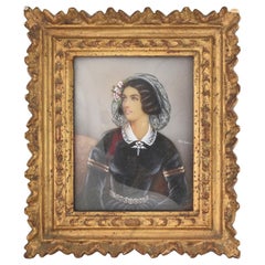 Antique Hand Painted Miniature Portrait of Lola Montez, Lady with Ringlets