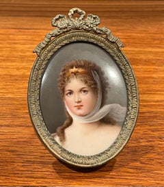 Antique Hand Painted Miniature Portrait on Porcelain in a Brass Easel Frame