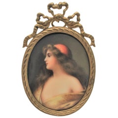 Antique Hand Painted Miniature Portrait on Porcelain in a Brass Easel Frame