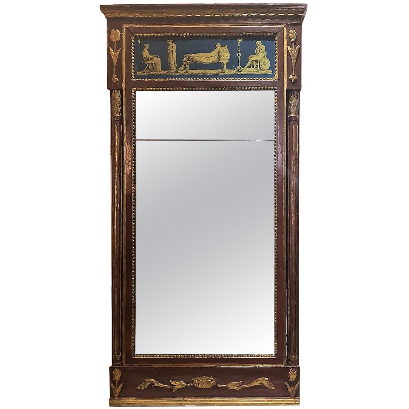 Antique Hand-Painted Mirror with Silver Leaf Glass