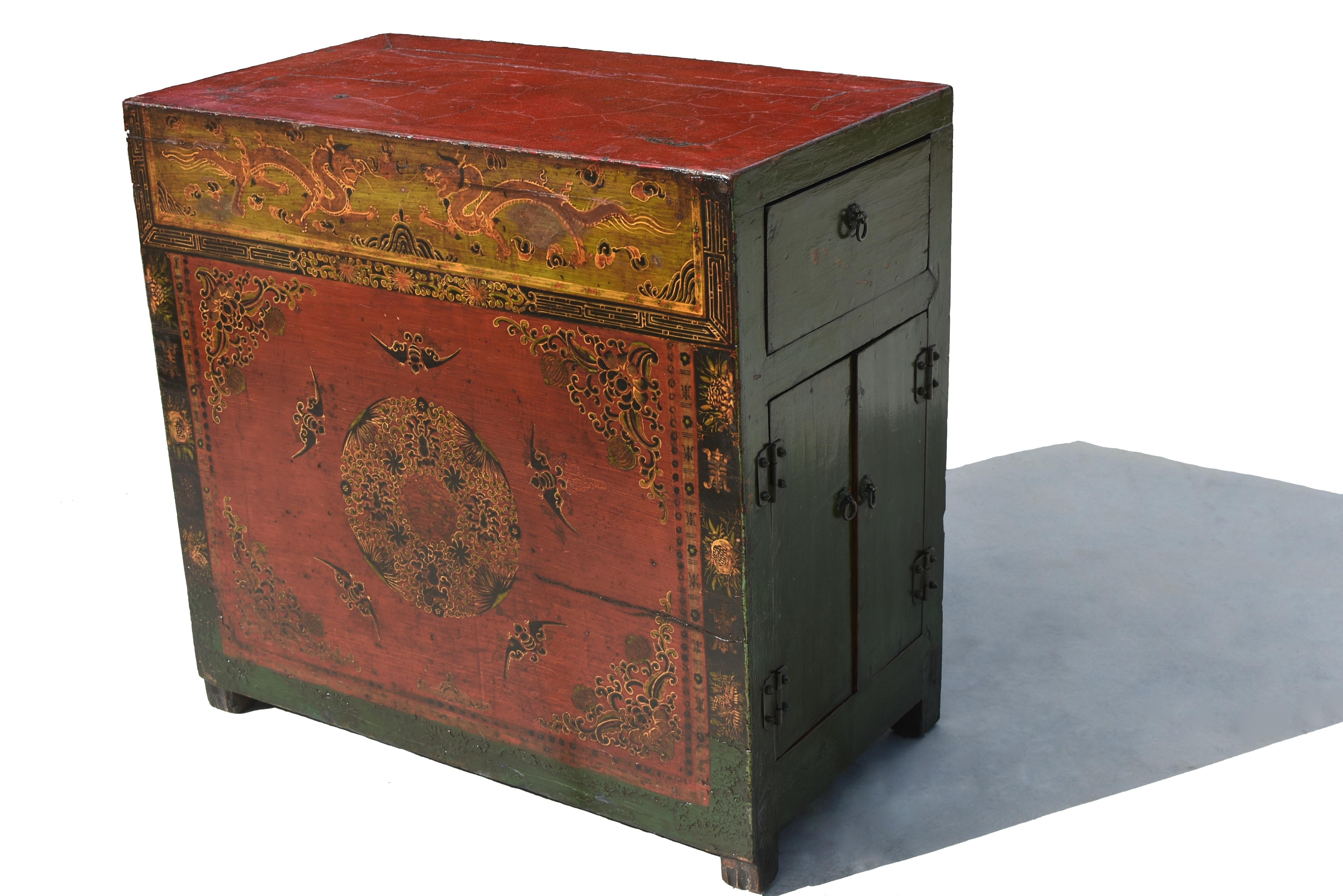 Fait main Ancienne commode mongolne peinte à la main avec rangement latéral
