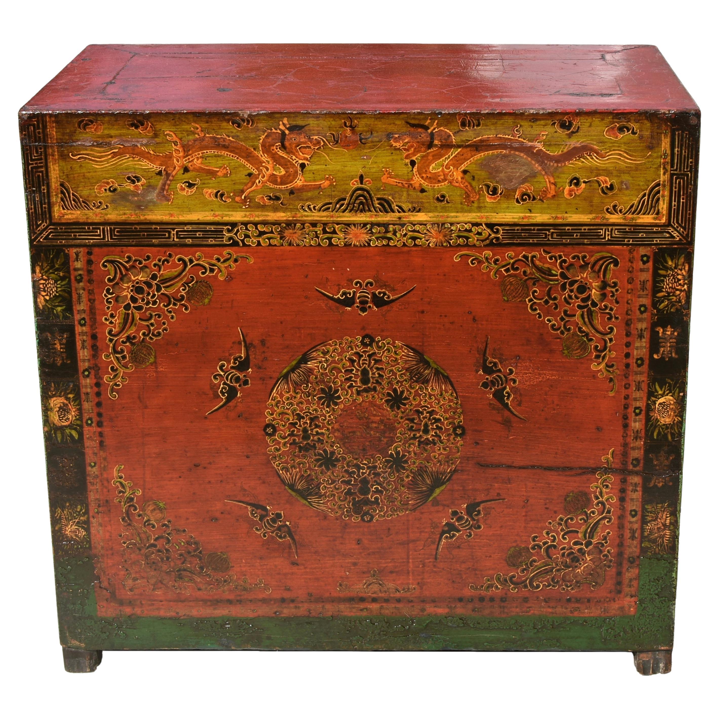 Antique Hand Painted Mongolian Chest with Side Storage