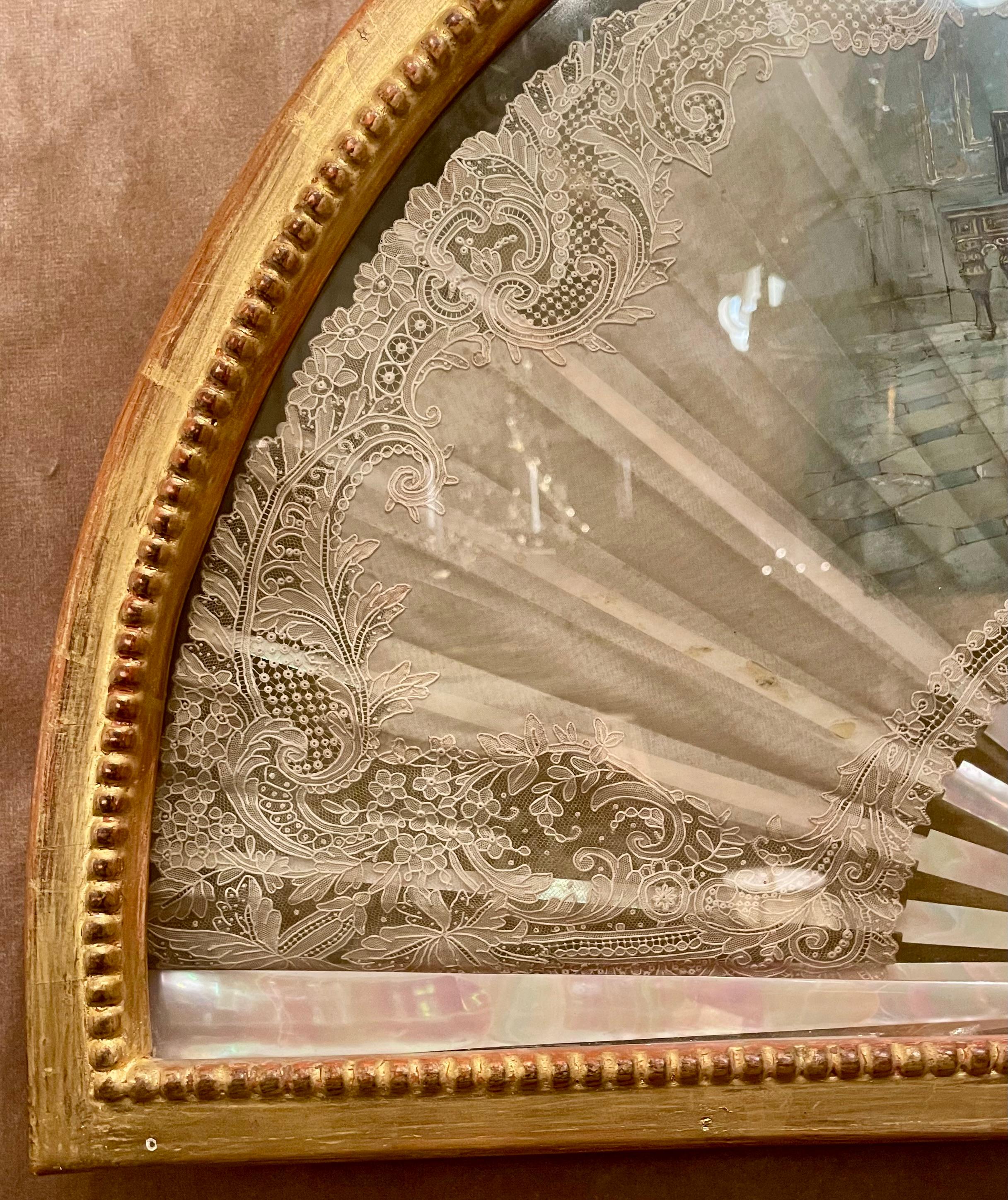 19th Century Antique Hand-Painted Mother-of-Pearl Fan Screen Shadow Box, Circa 1840. For Sale