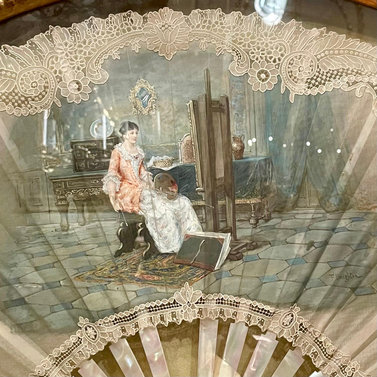Antique Hand-Painted Mother-of-Pearl Fan Screen Shadow Box, Circa 1840. For Sale 1