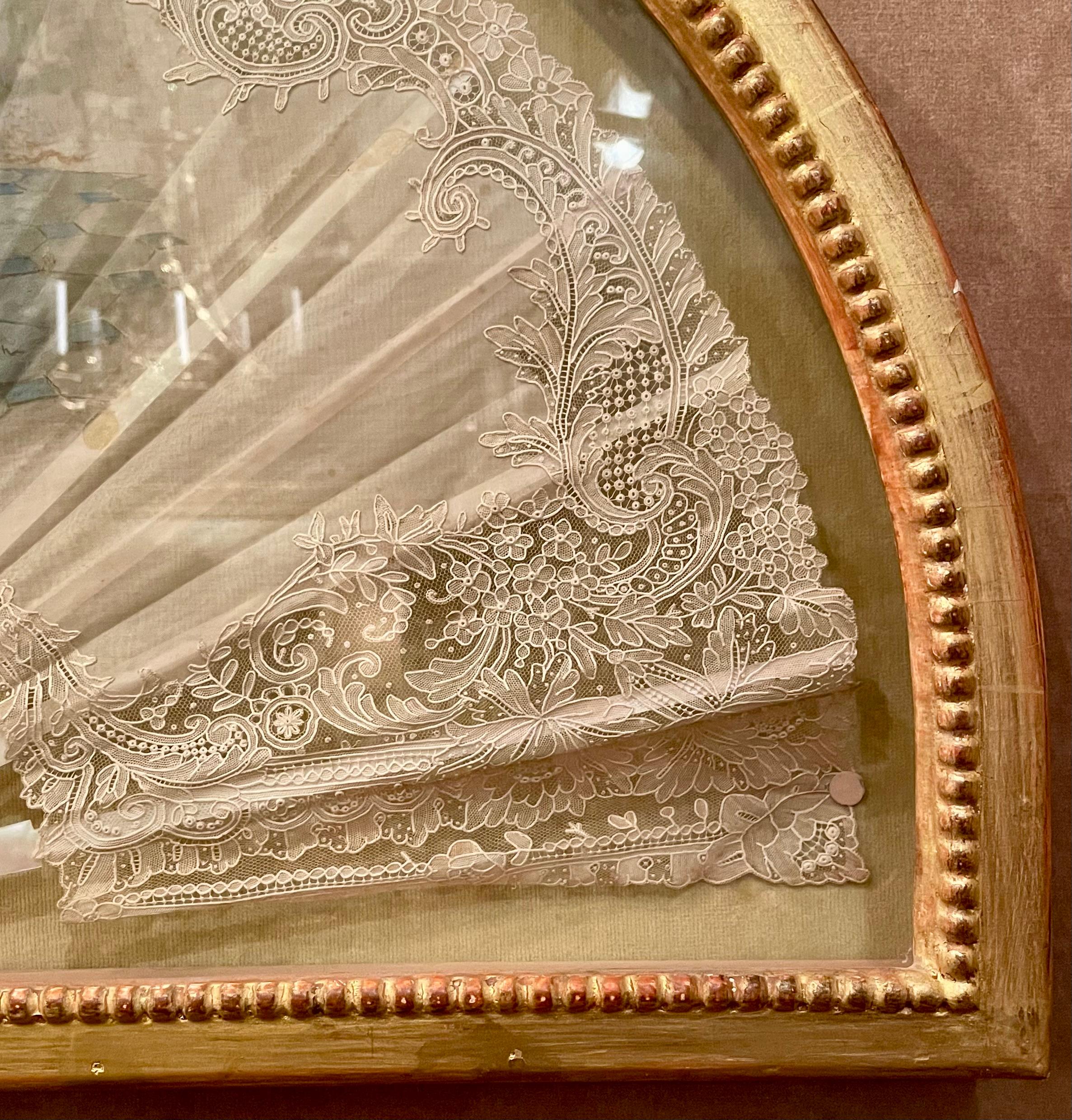 Antique Hand-Painted Mother-of-Pearl Fan Screen Shadow Box, Circa 1840. For Sale 2