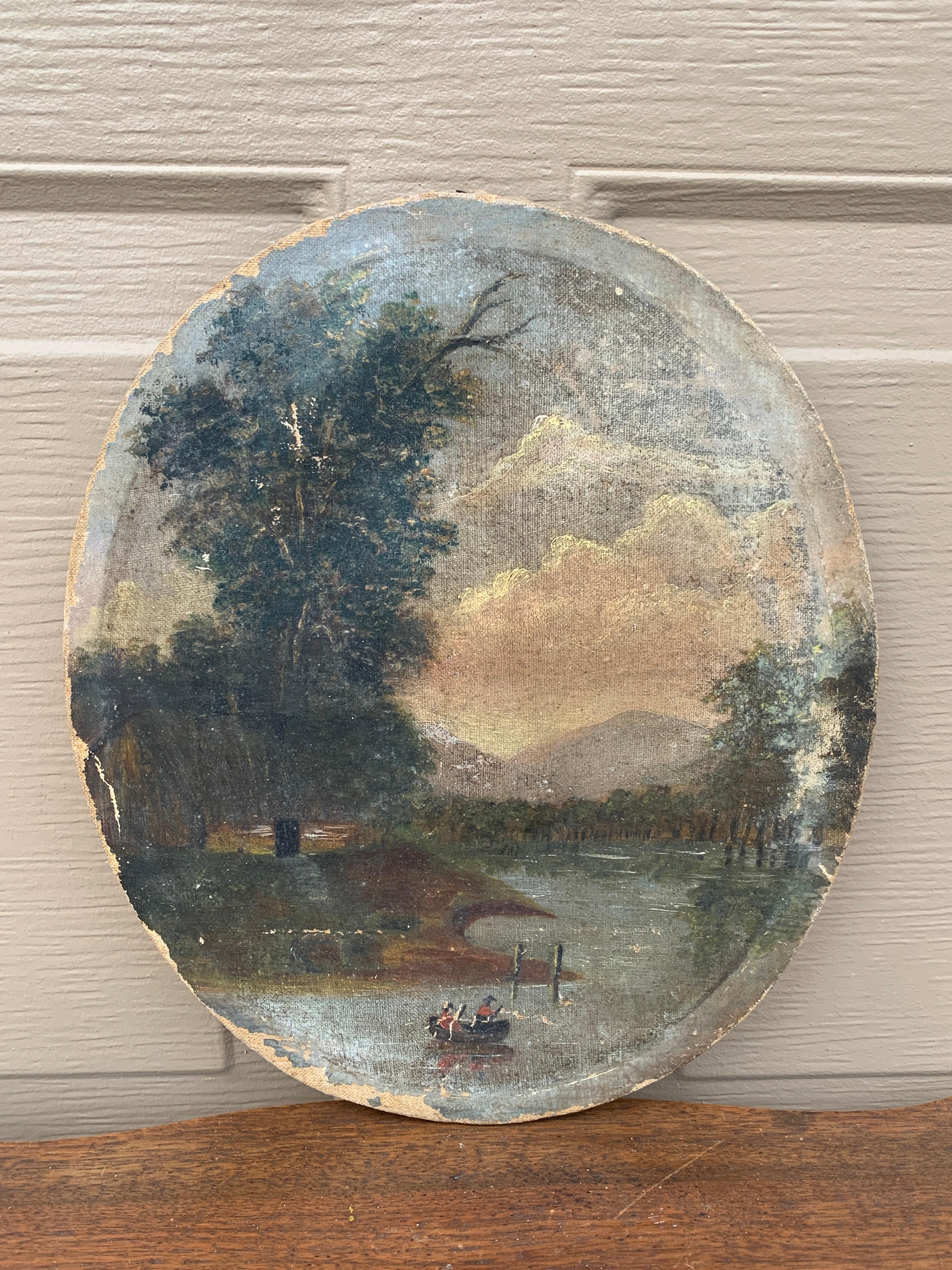 A beautiful antique hand-painted oil on canvas landscape painting featuring a waterfront scene with trees and a boat in the foreground and hills in the background

USA, Late 19th Century

Measures: 10