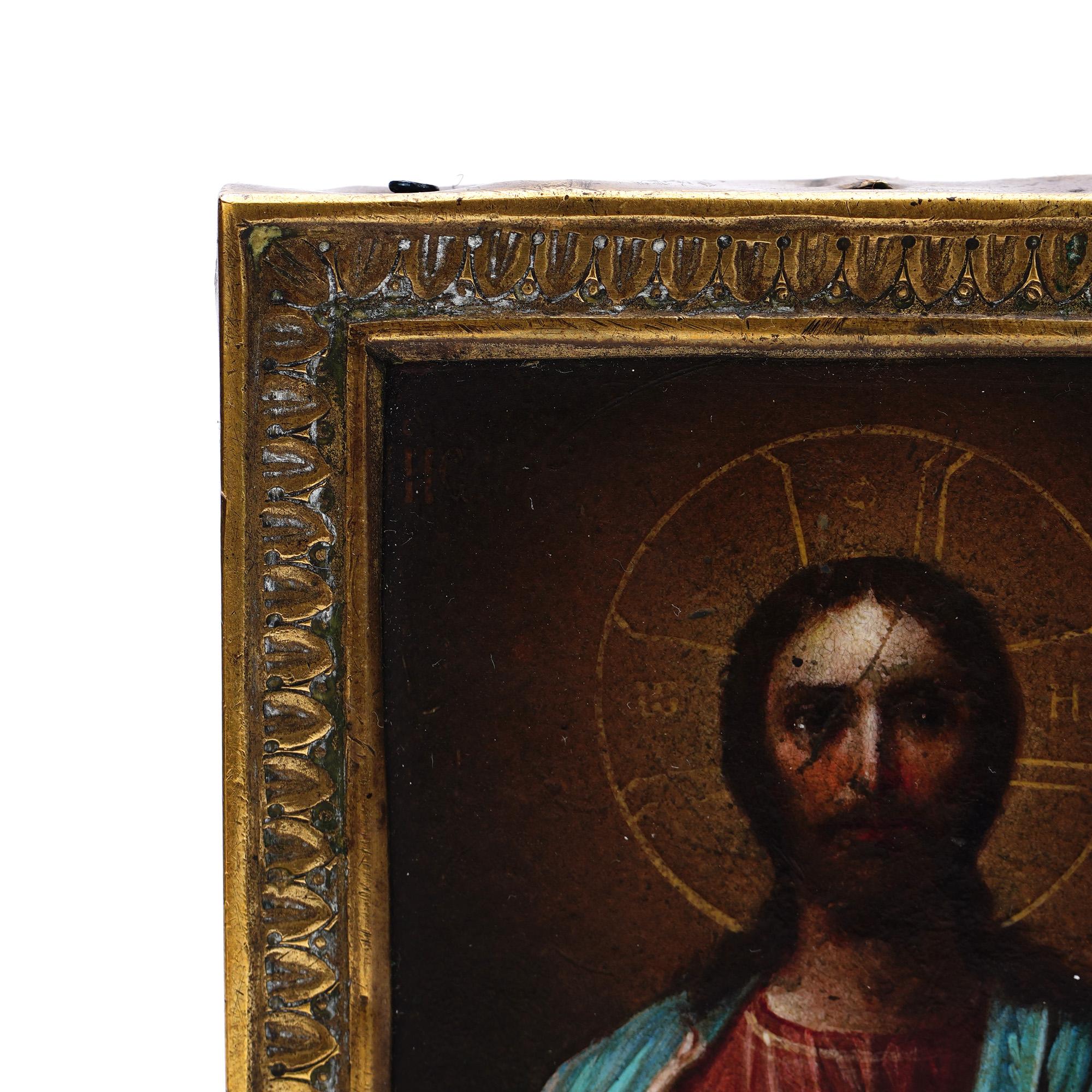 European Antique Hand, Painted Oil on Panel Orthodox Icon of Jesus