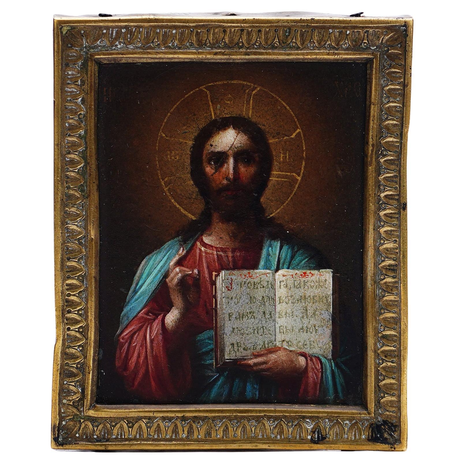 Antique Hand, Painted Oil on Panel Orthodox Icon of Jesus