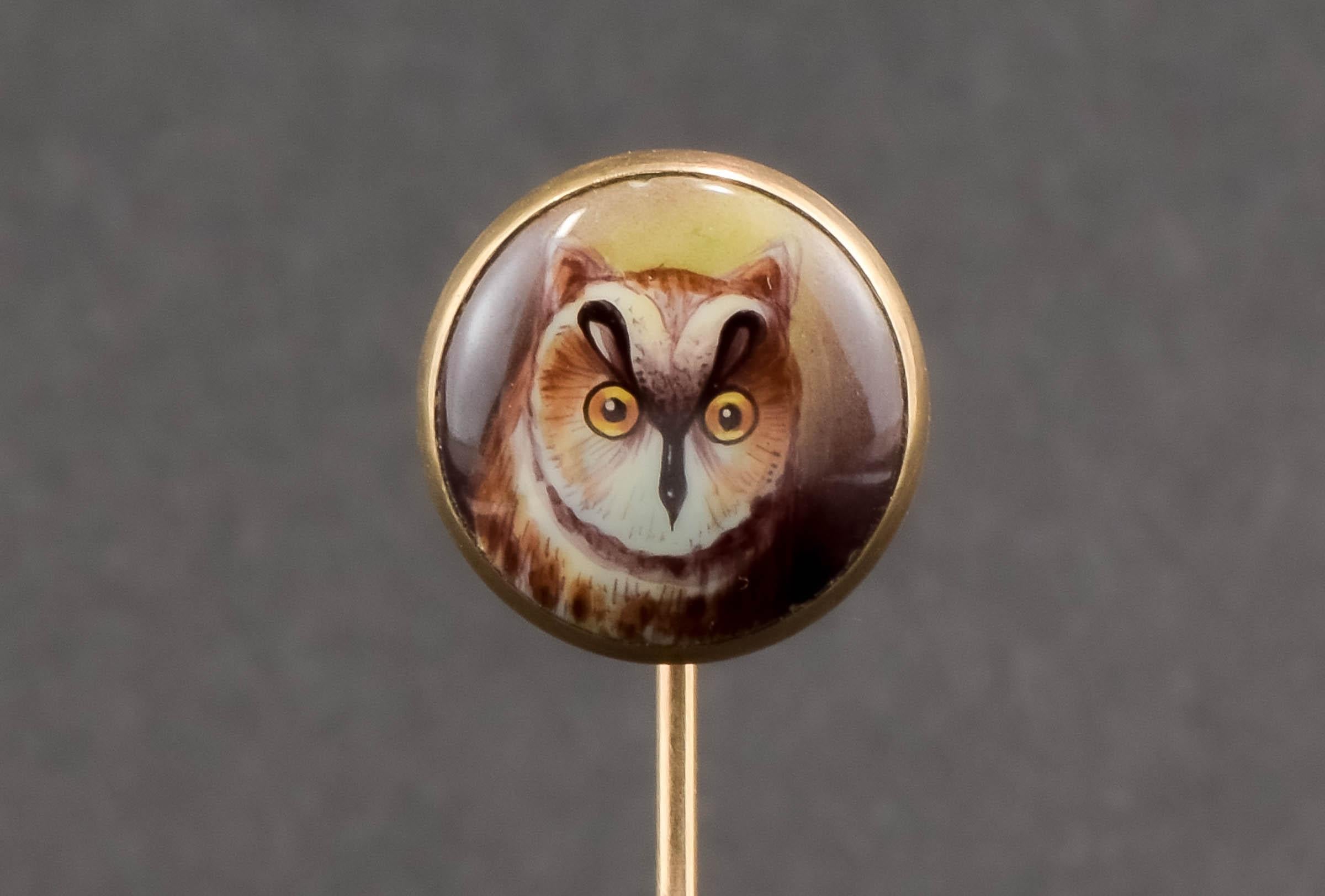 Antique Hand Painted Owl Portrait Stick Pin - Cravat Pin in Gold For Sale 3