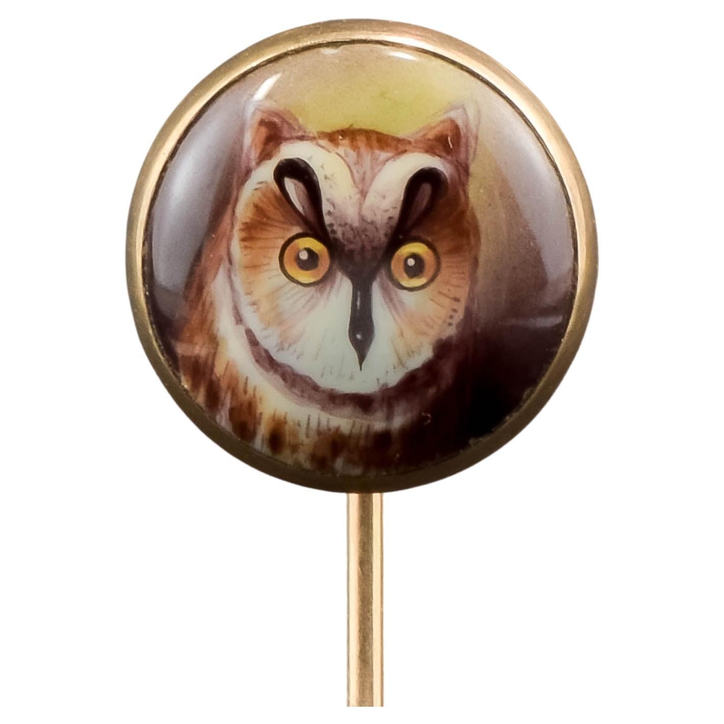 Antique Hand Painted Owl Portrait Stick Pin - Cravat Pin in Gold