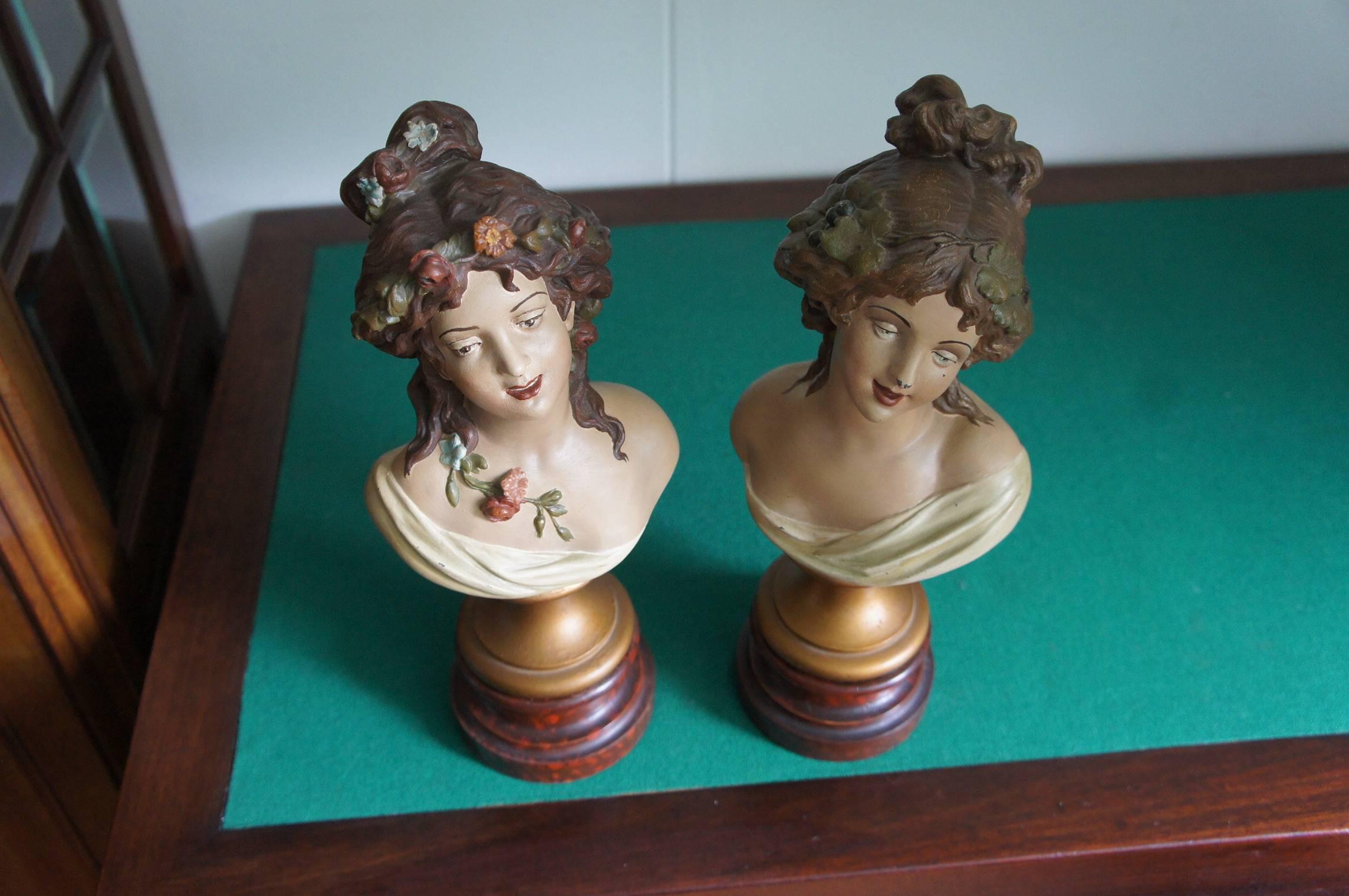 Spelter Antique Hand Painted Pair of Lady Bust Sculptures by Clodion Aka Claude Michel For Sale
