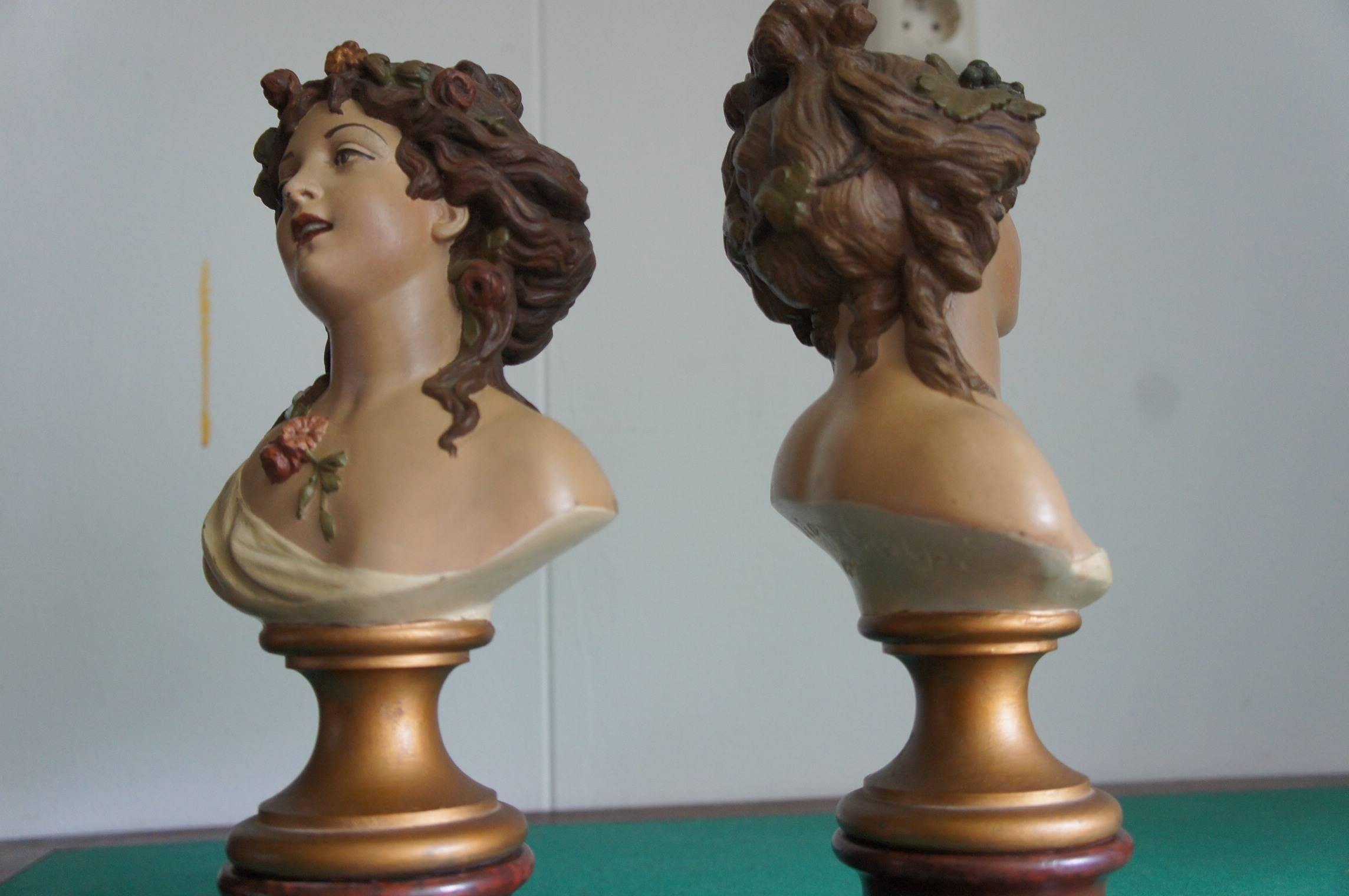 Antique Hand Painted Pair of Lady Bust Sculptures by Clodion Aka Claude Michel For Sale 1