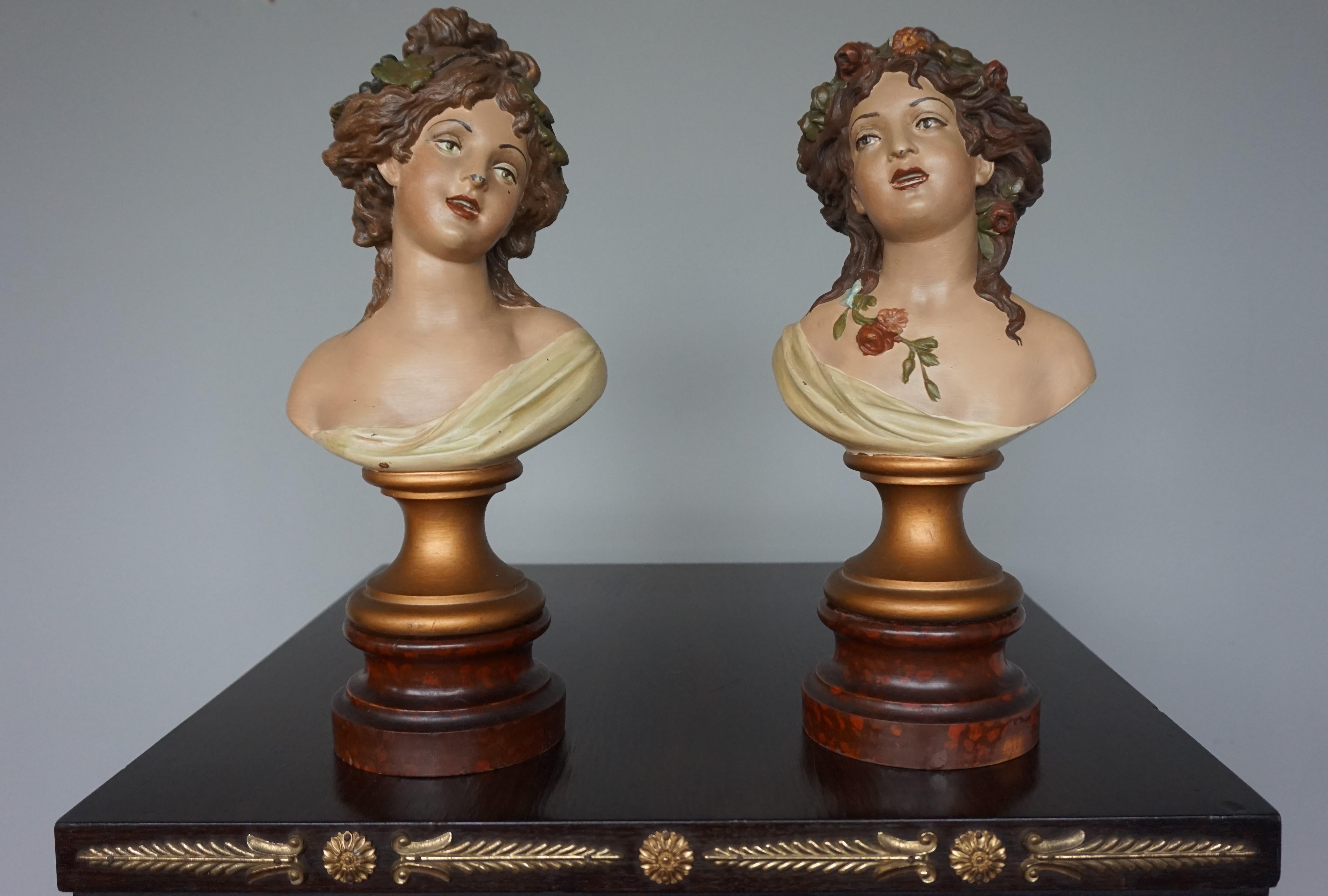 Antique Hand Painted Pair of Lady Bust Sculptures by Clodion Aka Claude Michel For Sale 4
