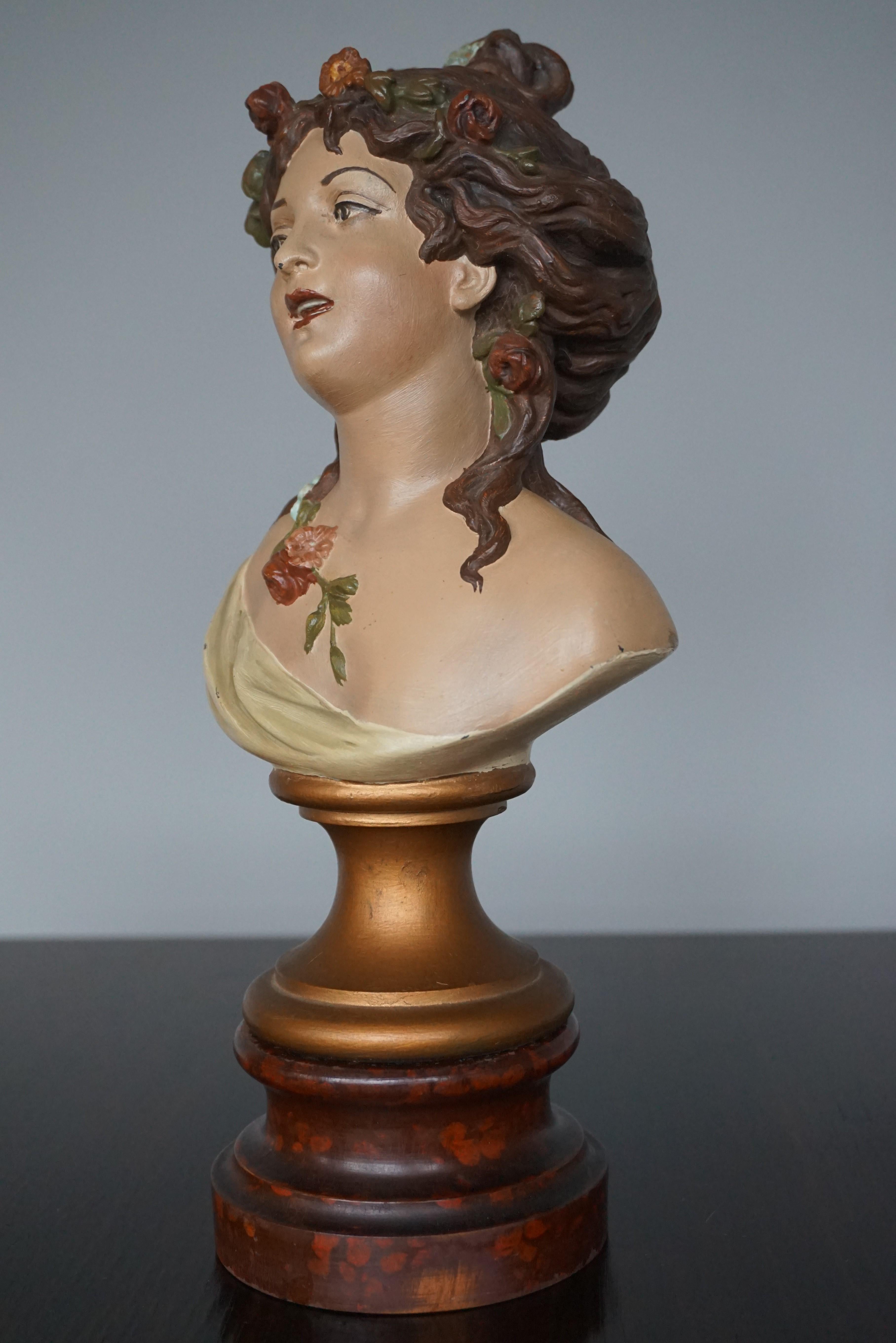 Antique Hand Painted Pair of Lady Bust Sculptures by Clodion Aka Claude Michel For Sale 5