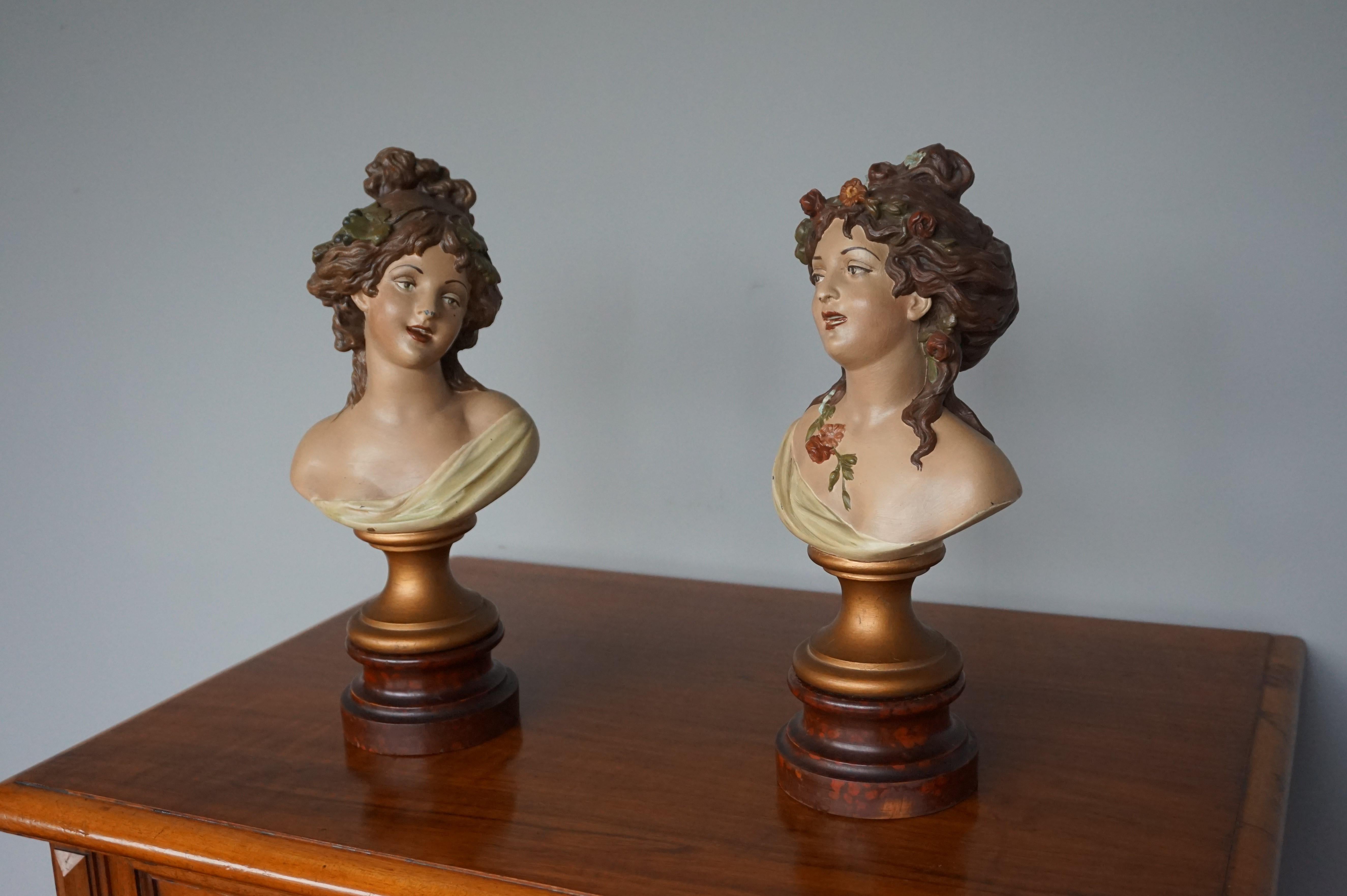 Antique Hand Painted Pair of Lady Bust Sculptures by Clodion Aka Claude Michel For Sale 7