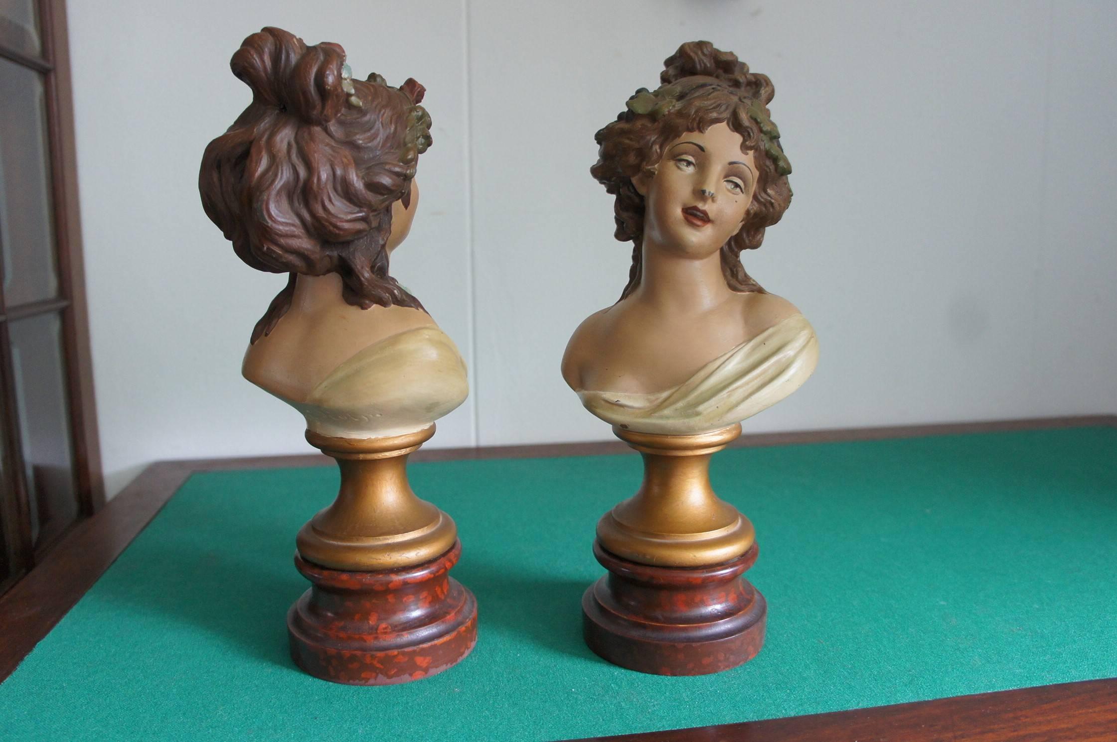 Rococo Revival Antique Hand Painted Pair of Lady Bust Sculptures by Clodion Aka Claude Michel For Sale