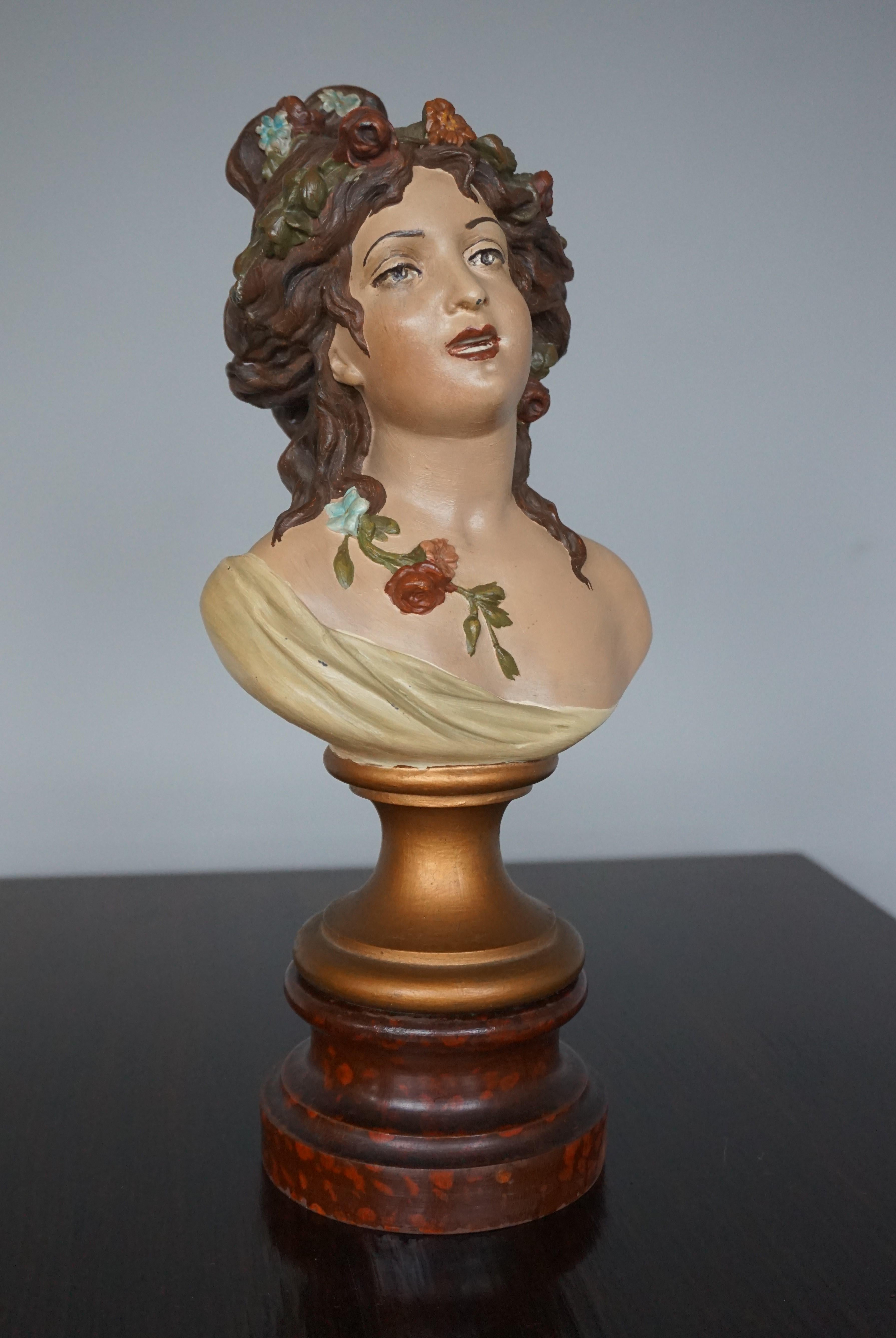 Cast Antique Hand Painted Pair of Lady Bust Sculptures by Clodion Aka Claude Michel For Sale