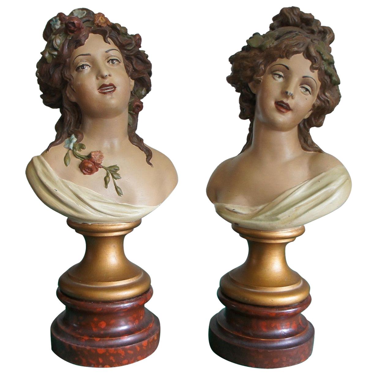 Antique Hand Painted Pair of Lady Bust Sculptures by Clodion Aka Claude Michel