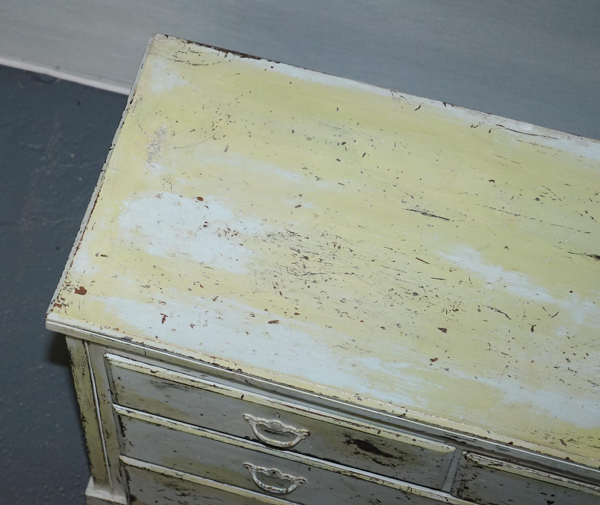 ANTIQUE HAND PAINTED PALE PiNE GREEN THREE DRAWER CHEST OF DRAWERS For Sale 5