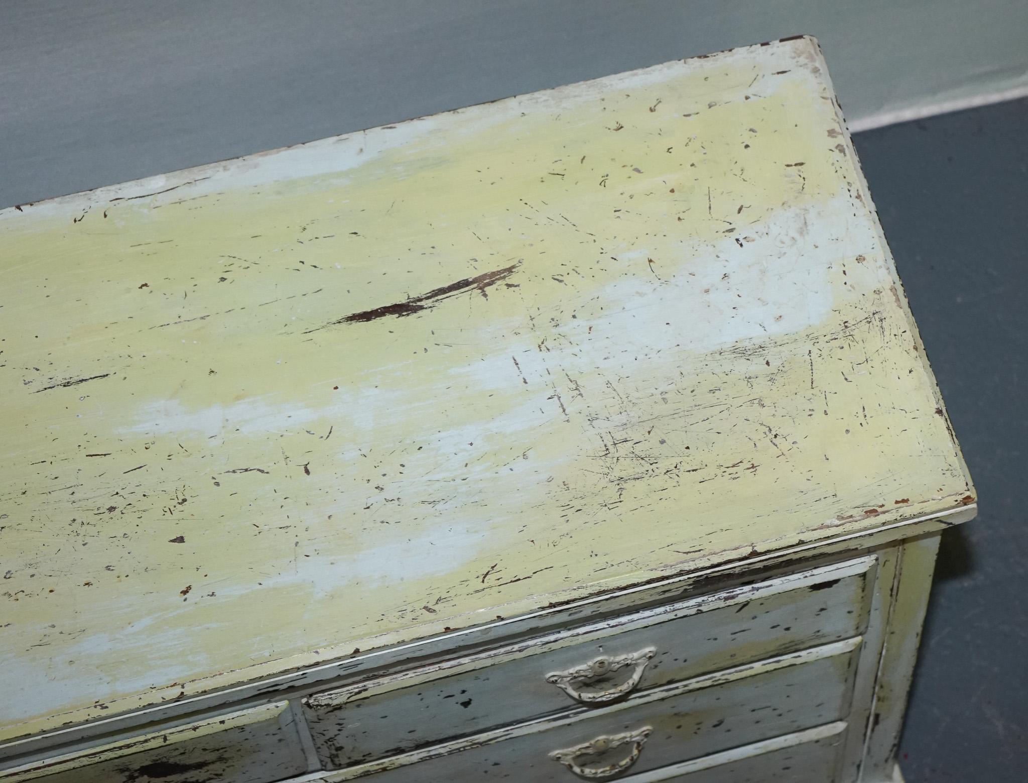 ANTIQUE HAND PAINTED PALE PiNE GREEN THREE DRAWER CHEST OF DRAWERS For Sale 6