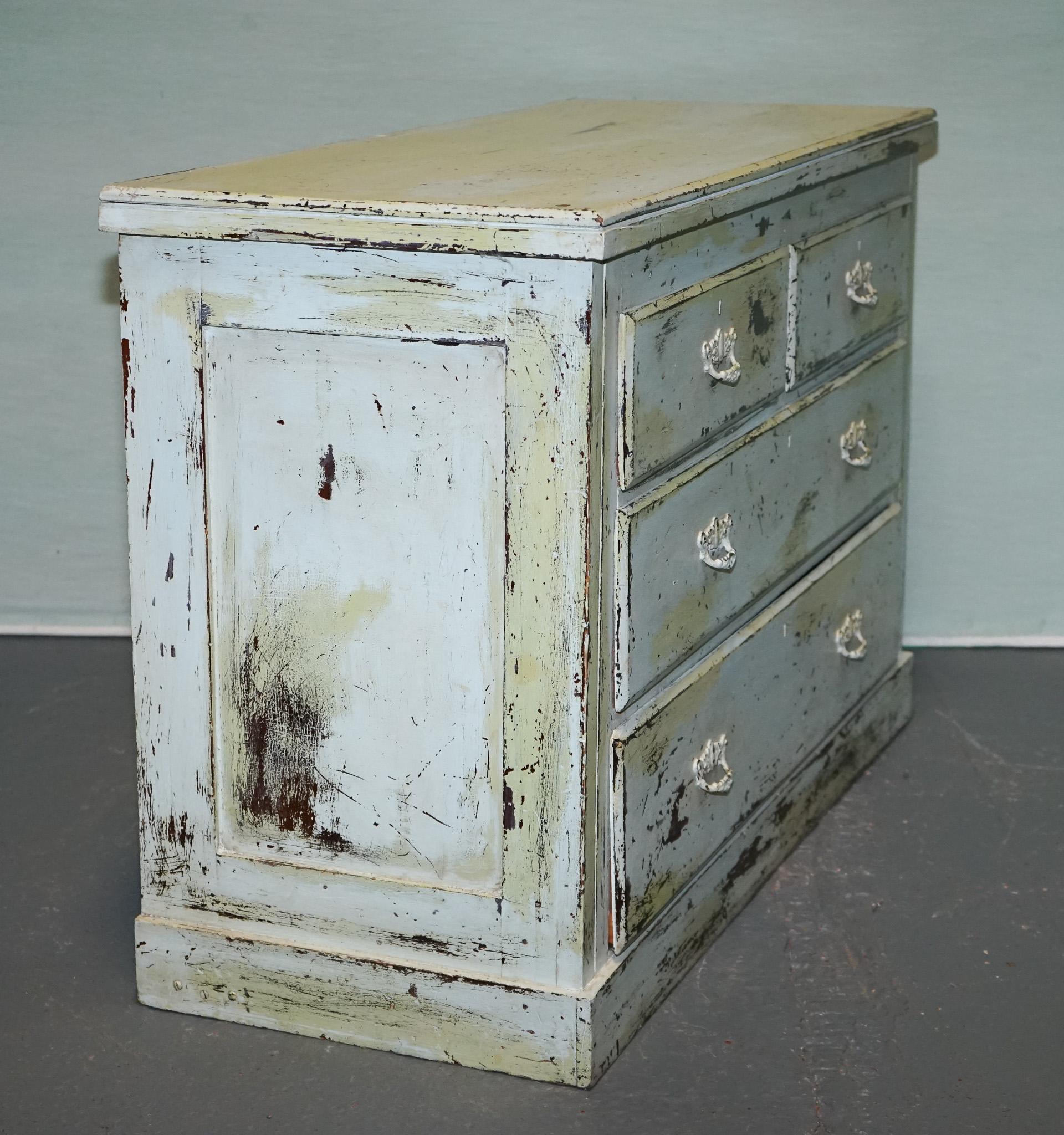 Hand-Crafted ANTIQUE HAND PAINTED PALE PiNE GREEN THREE DRAWER CHEST OF DRAWERS For Sale