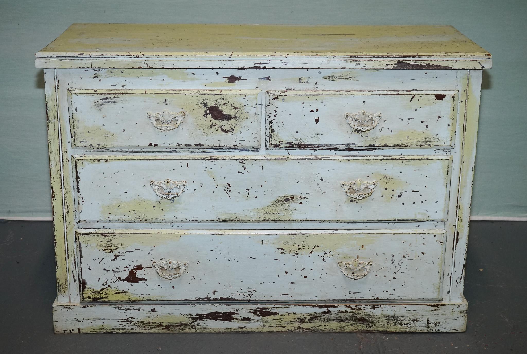 20th Century ANTIQUE HAND PAINTED PALE PiNE GREEN THREE DRAWER CHEST OF DRAWERS For Sale