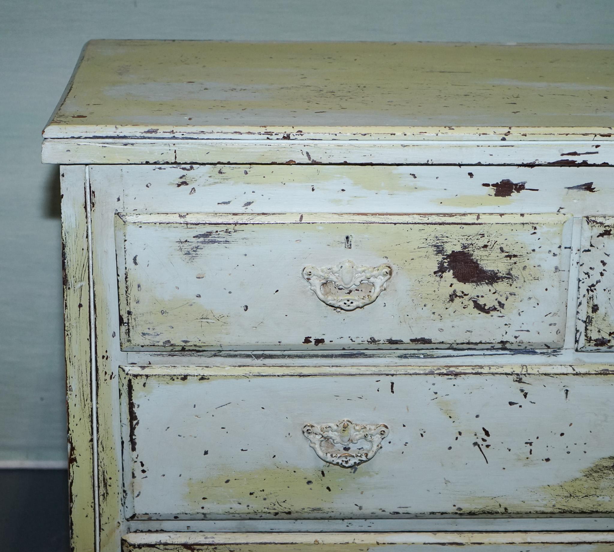 Pine ANTIQUE HAND PAINTED PALE PiNE GREEN THREE DRAWER CHEST OF DRAWERS For Sale