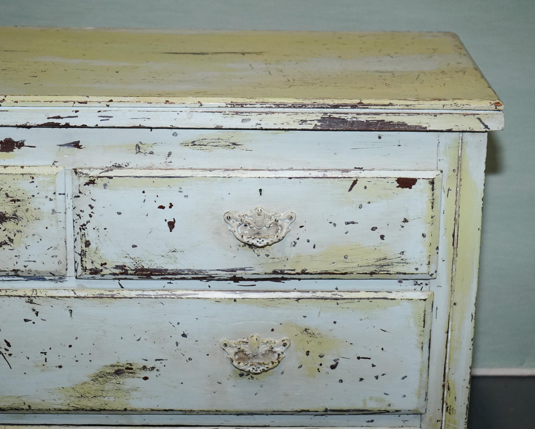 ANTIQUE HAND PAINTED PALE PiNE GREEN THREE DRAWER CHEST OF DRAWERS For Sale 1