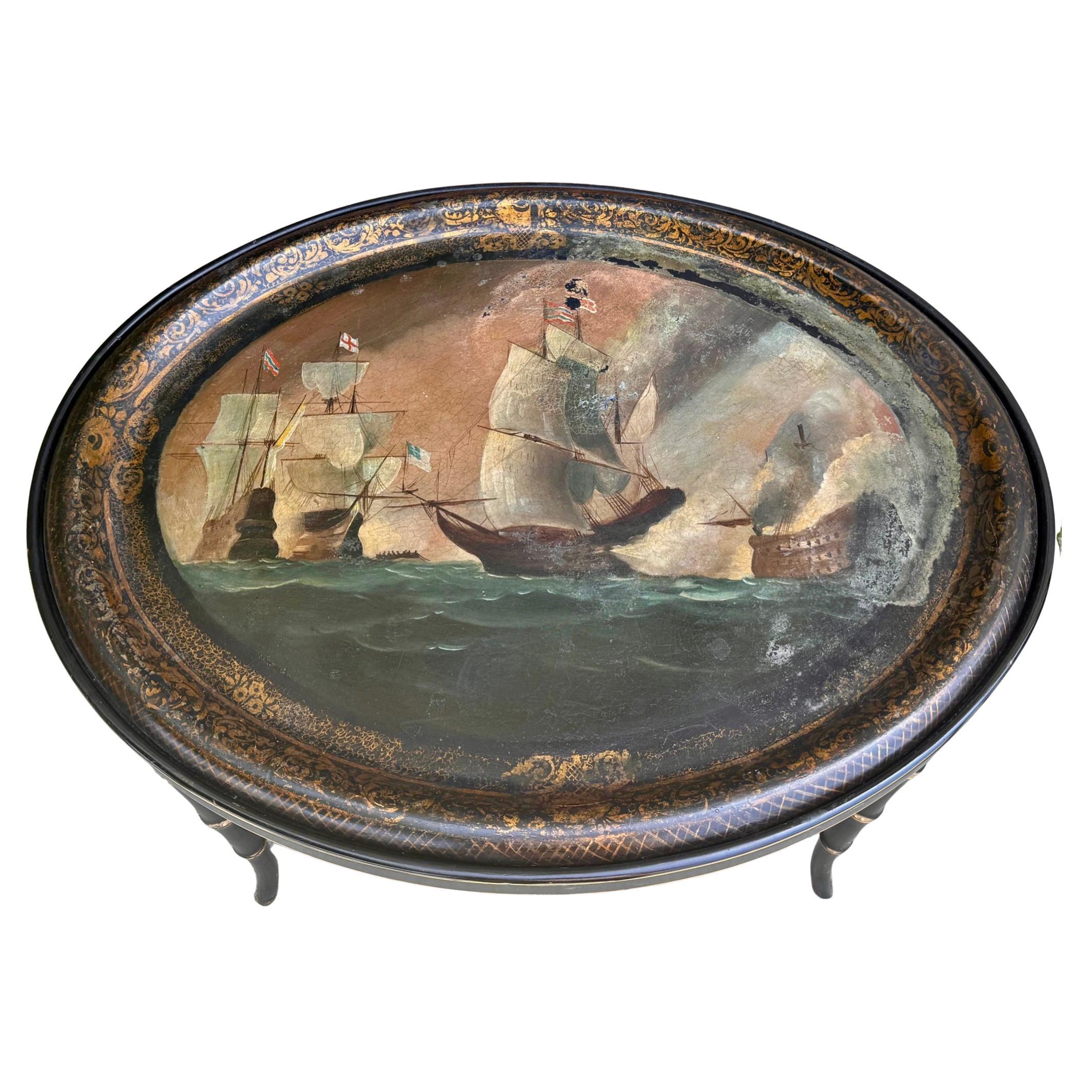 Antique Hand Painted Paper Mache Nautical Tray Top Side Table