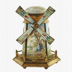 Antiguo joyero musical pintado a mano con esmalte policromo y metal dorado Molino de viento
