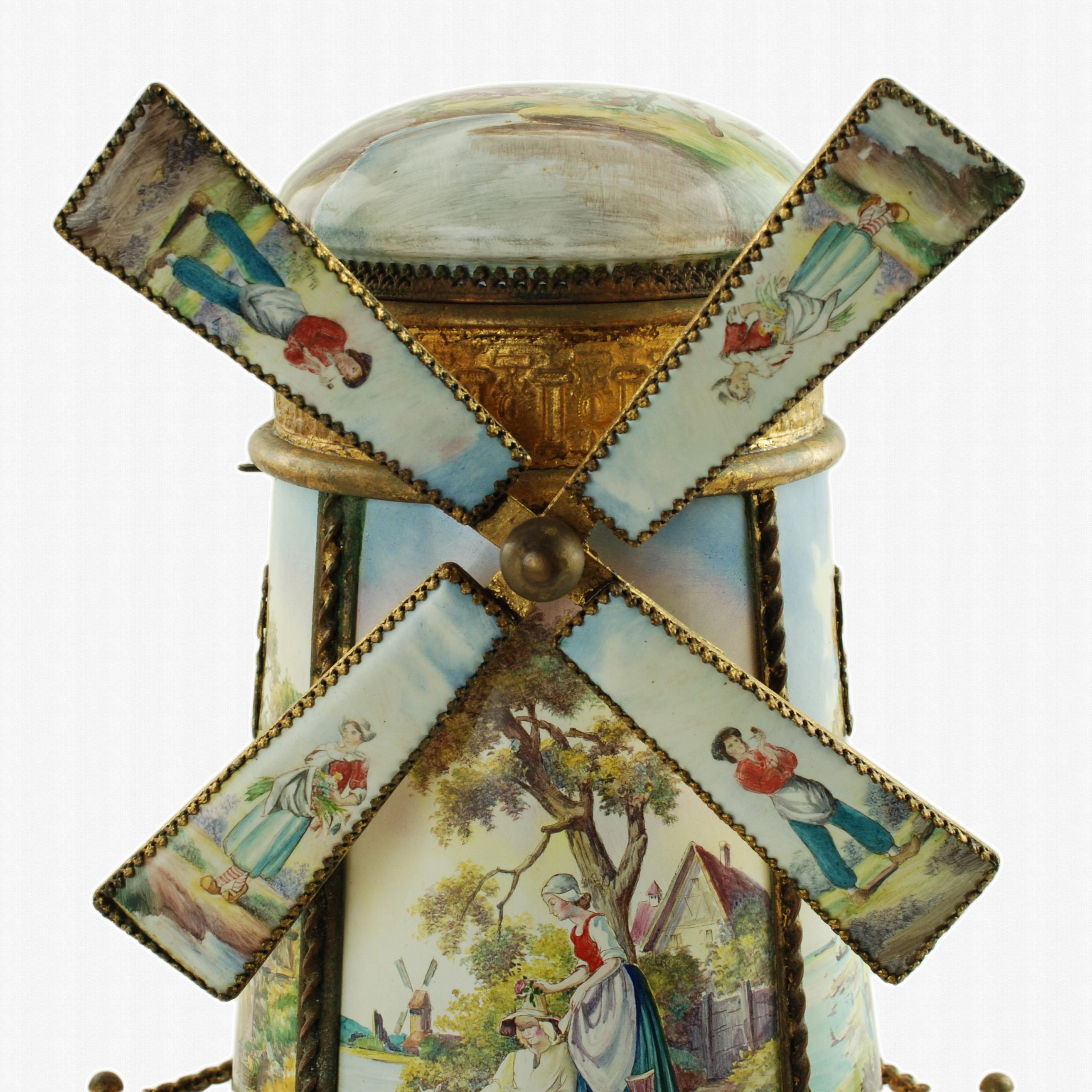 Rococo Revival Antique Hand-Painted Polychrome Enamel Gilt Metal Windmill Musical Jewelry Box