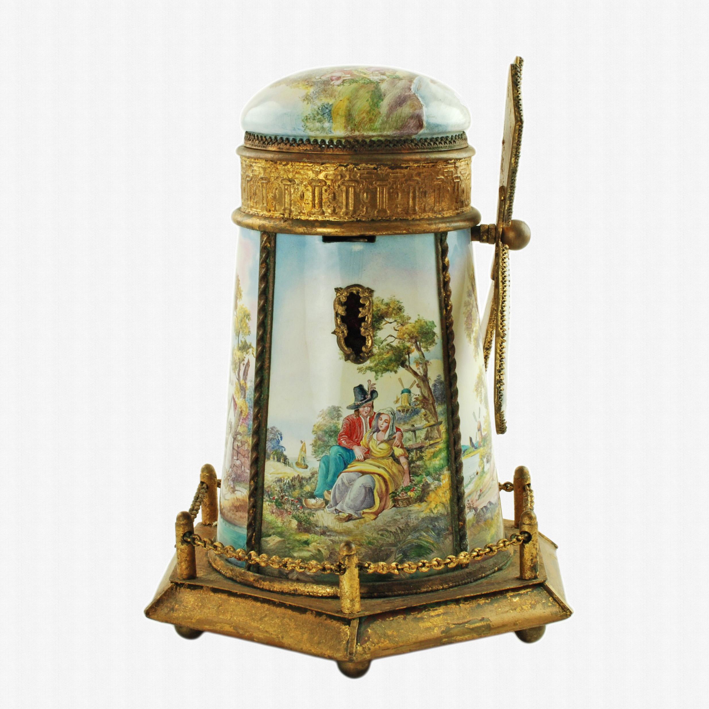 Austrian Antique Hand-Painted Polychrome Enamel Gilt Metal Windmill Musical Jewelry Box