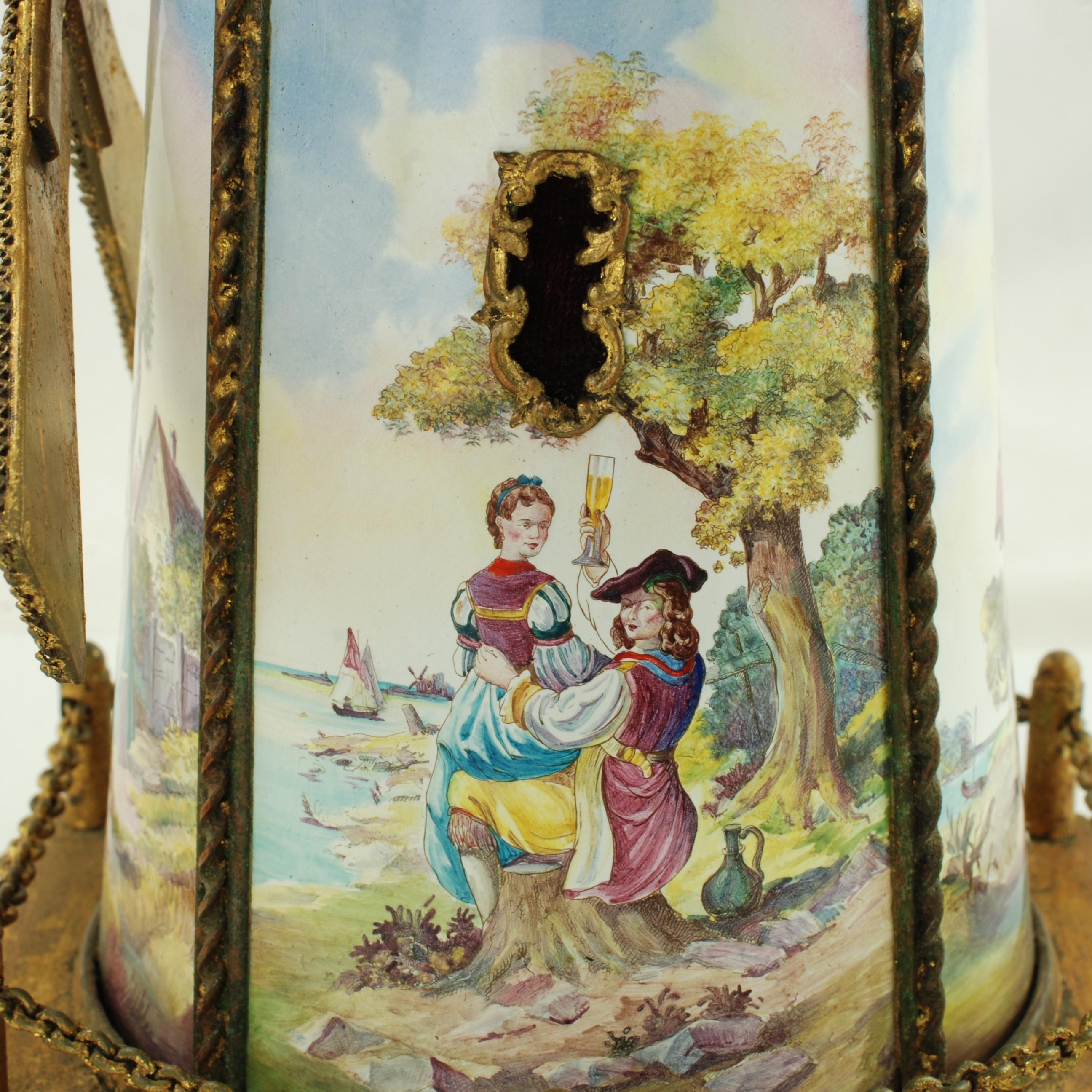 Antique Hand-Painted Polychrome Enamel Gilt Metal Windmill Musical Jewelry Box In Fair Condition In Cincinnati, OH