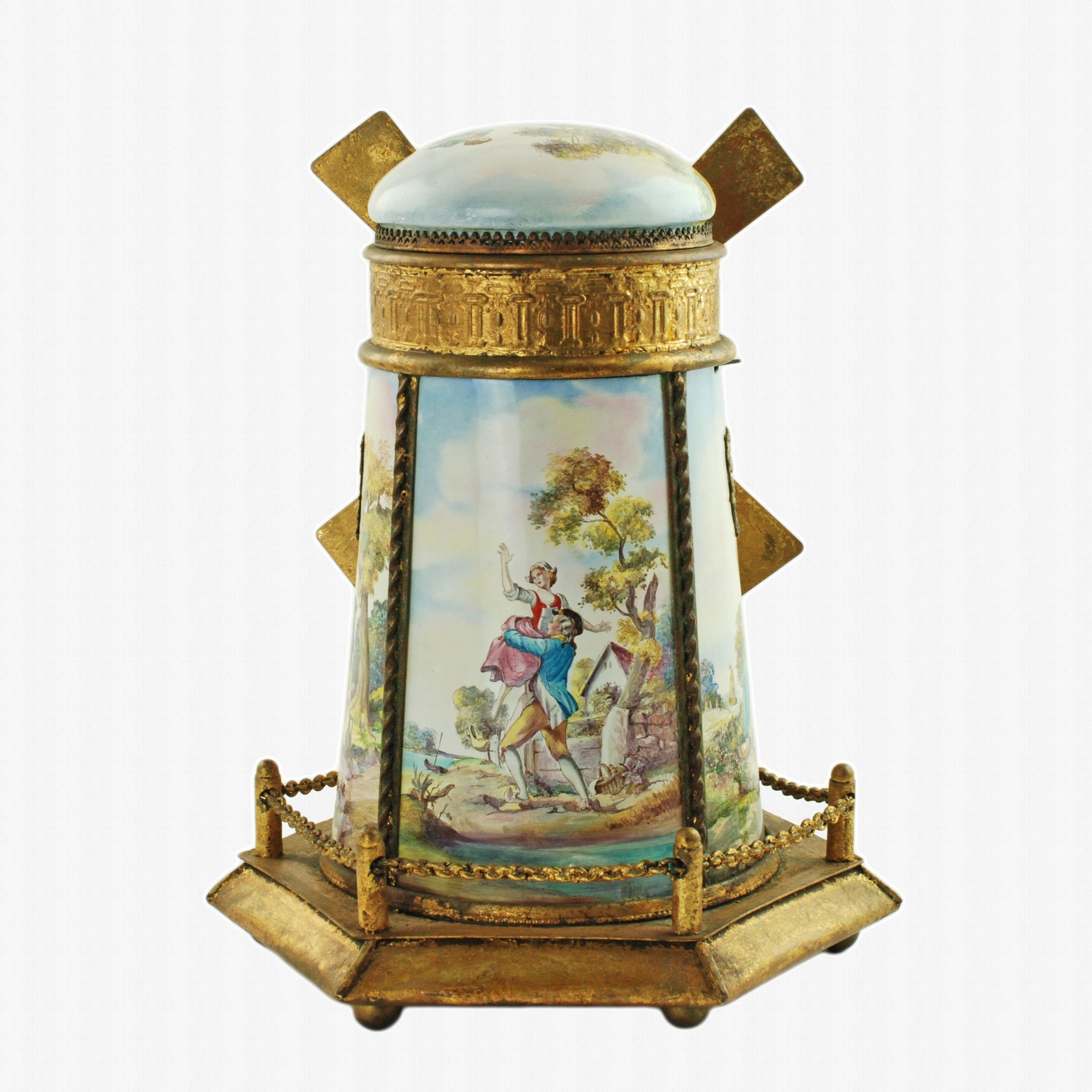 20th Century Antique Hand-Painted Polychrome Enamel Gilt Metal Windmill Musical Jewelry Box