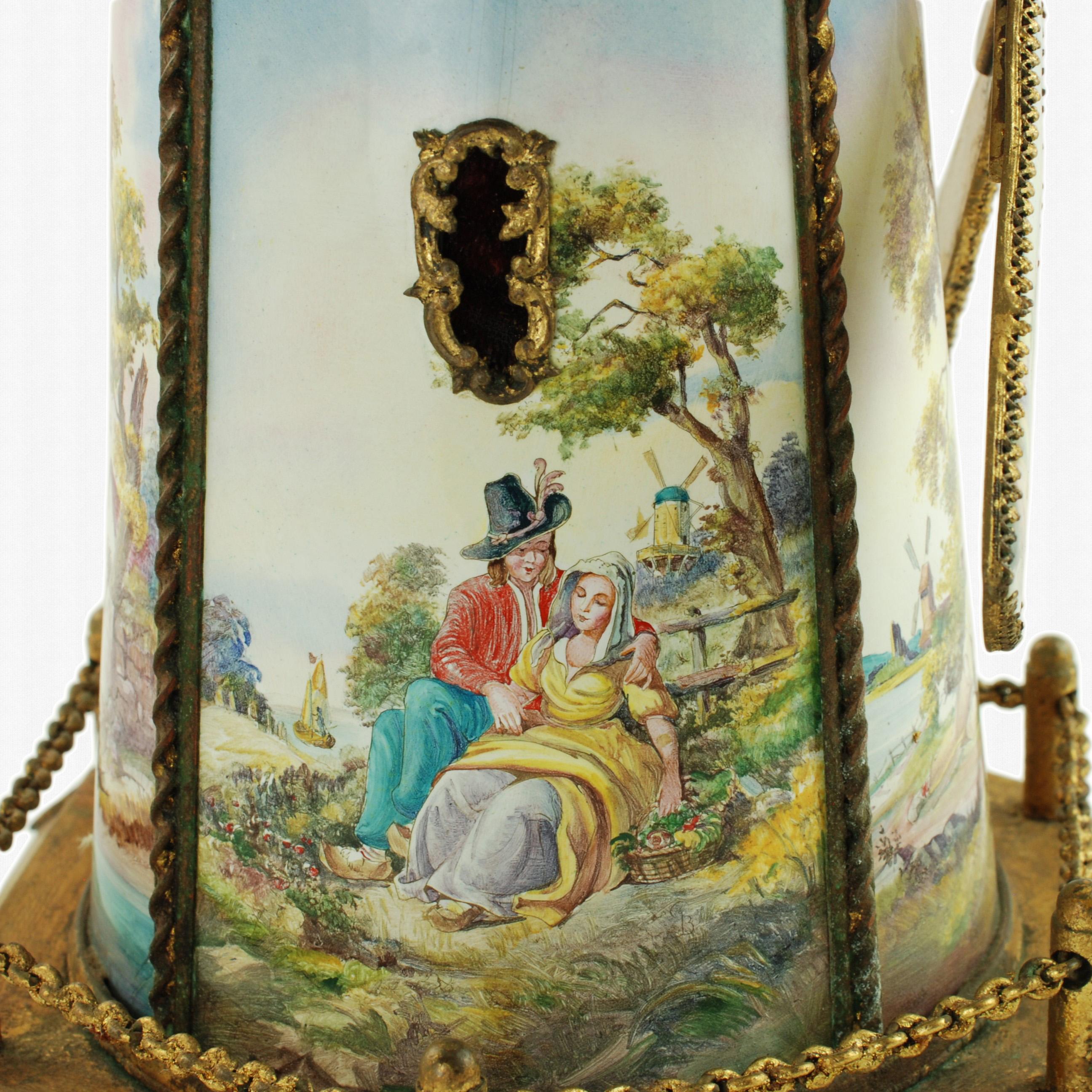 Antique Hand-Painted Polychrome Enamel Gilt Metal Windmill Musical Jewelry Box 3