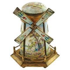 Antique Hand-Painted Polychrome Enamel Gilt Metal Windmill Musical Jewelry Box