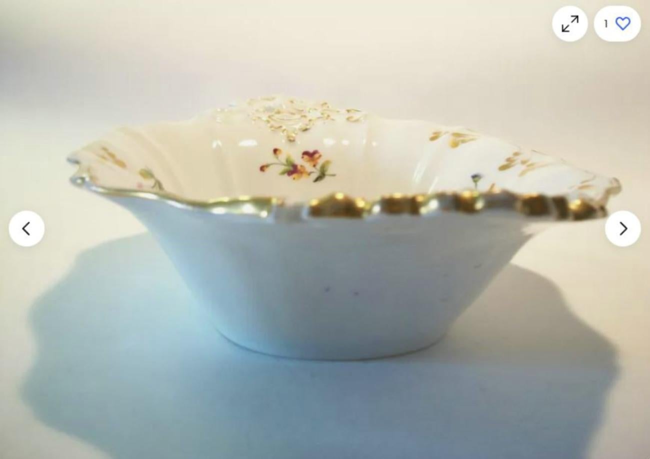 Antiguo Cuenco Central de Porcelana Pintado a Mano con Decoración Dorada - Reino Unido - S. XIX Victoriano en venta