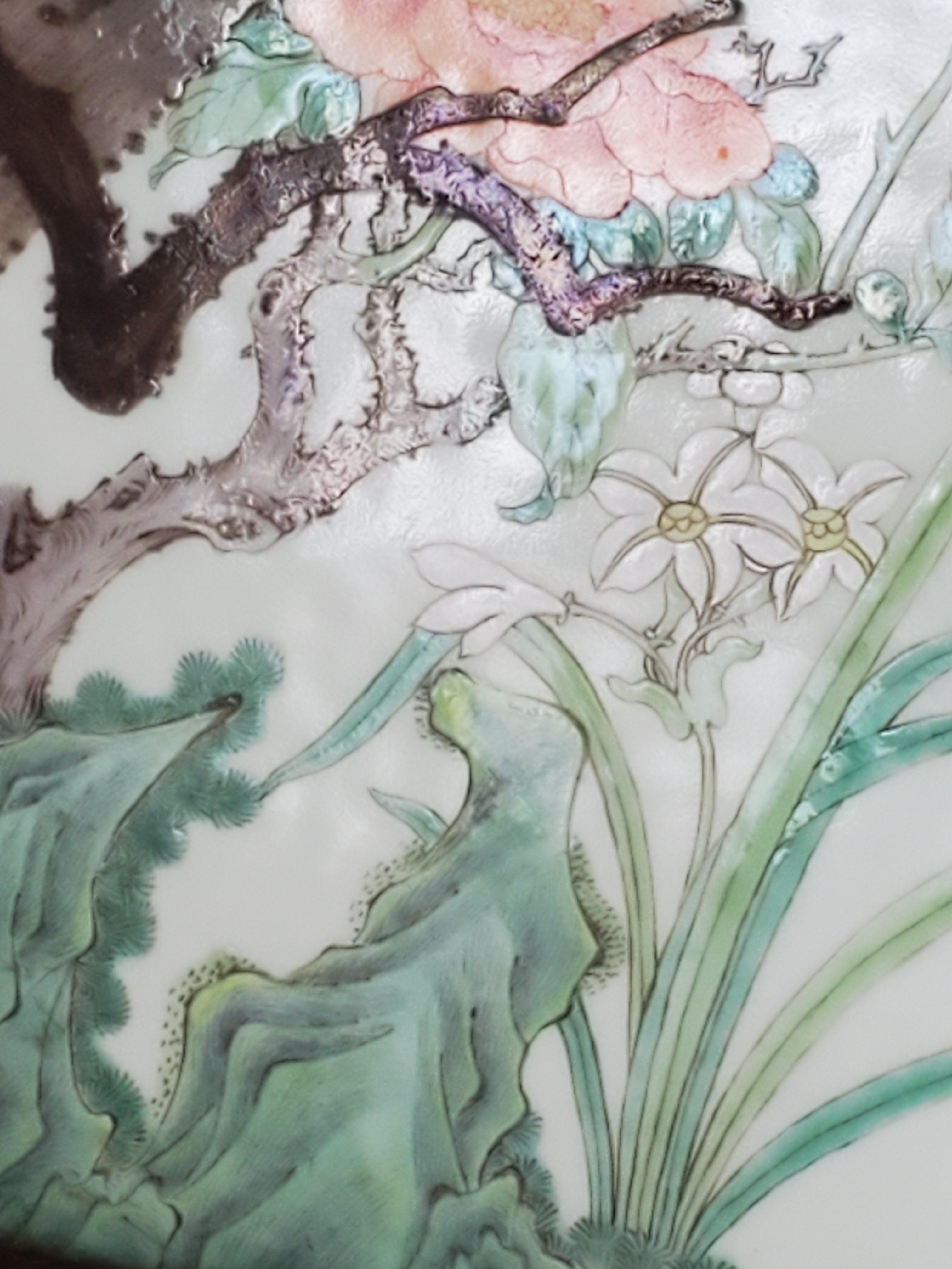 Antikes handbemaltes Porzellanbild von Pfingstrosen, Obstblüten und Lilien im Angebot 5